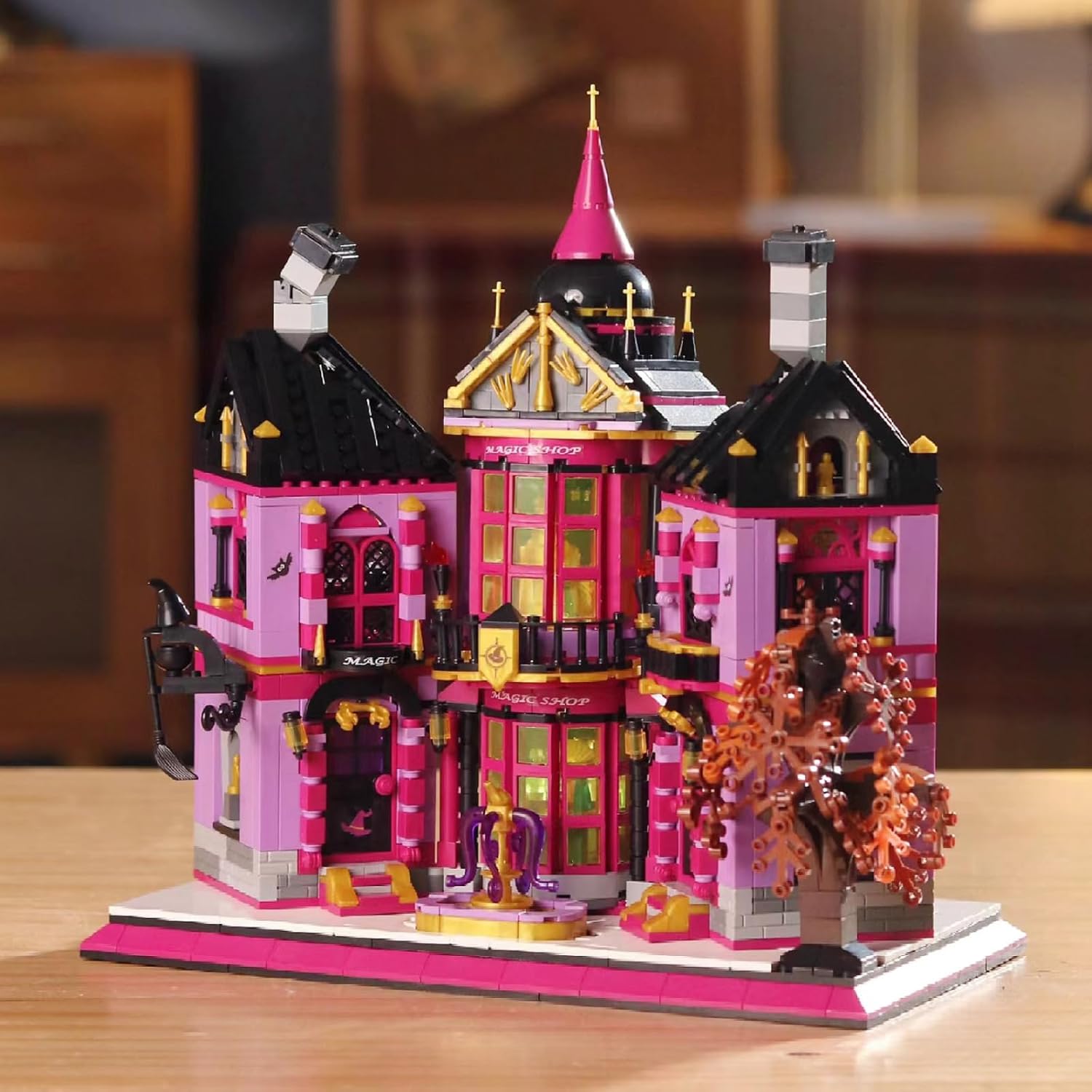 Mini Block Kit with Lights, Mystery Magic Shop, Gothic Architecture Model Kit, Creative Home Decor, Creative Gifts for Kids and Adults, 1366 PCS Mini Blocks (612020)