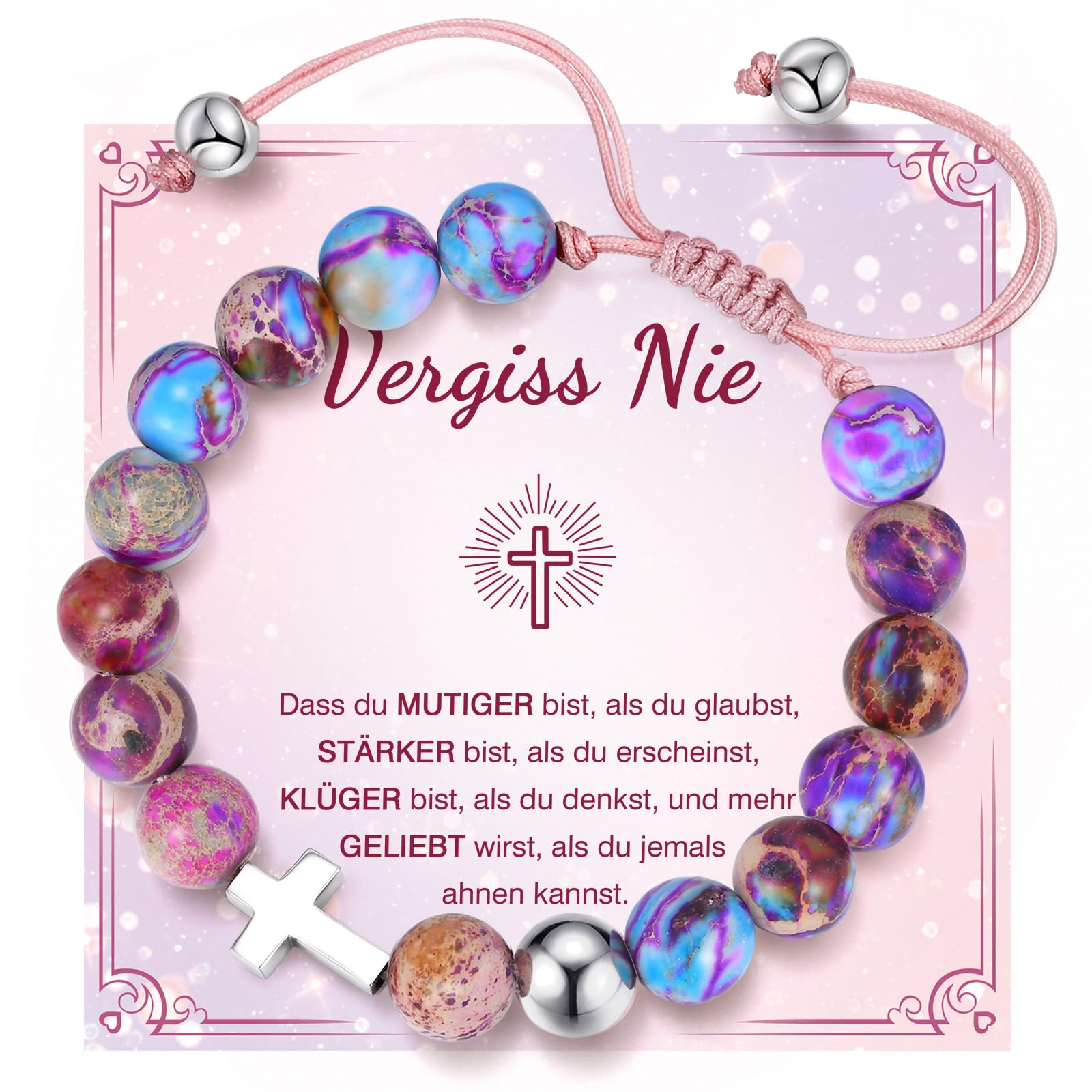 FLHEART Kommunion Geschenke für Mädchen Kreuz Armband - Naturstein Armbänder mit Kreuz für Kinder Jugendlicher, Kinderarmband für Erstkommunion Firmung Geburtstag Konfirmation Geschenke für Mädchen