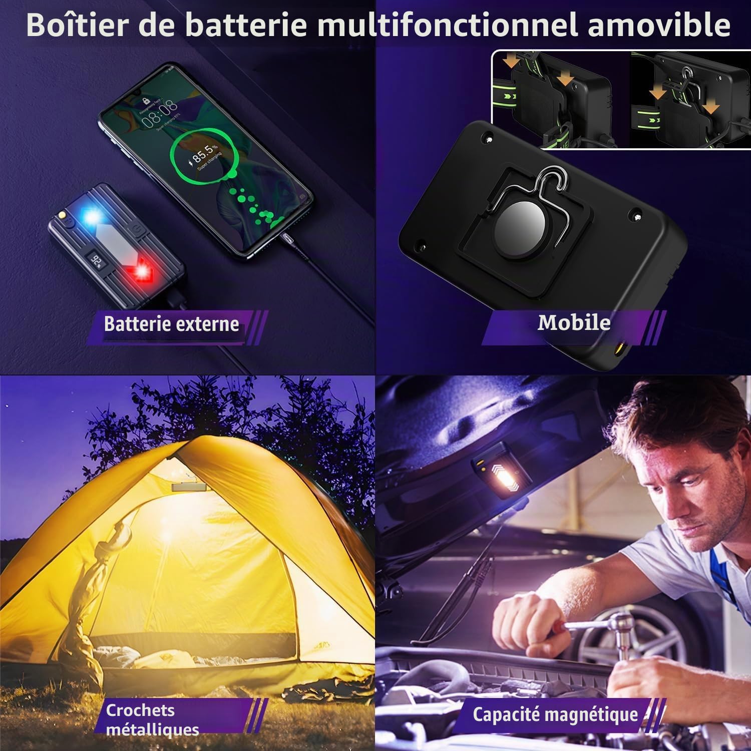 Skylla Lampe frontale LED rechargeable 90 000 lumens avec capteur avec 11 modes, zoom et 90 ° réglable, étanche IP67, batterie amovible pour camping, travail et urgence