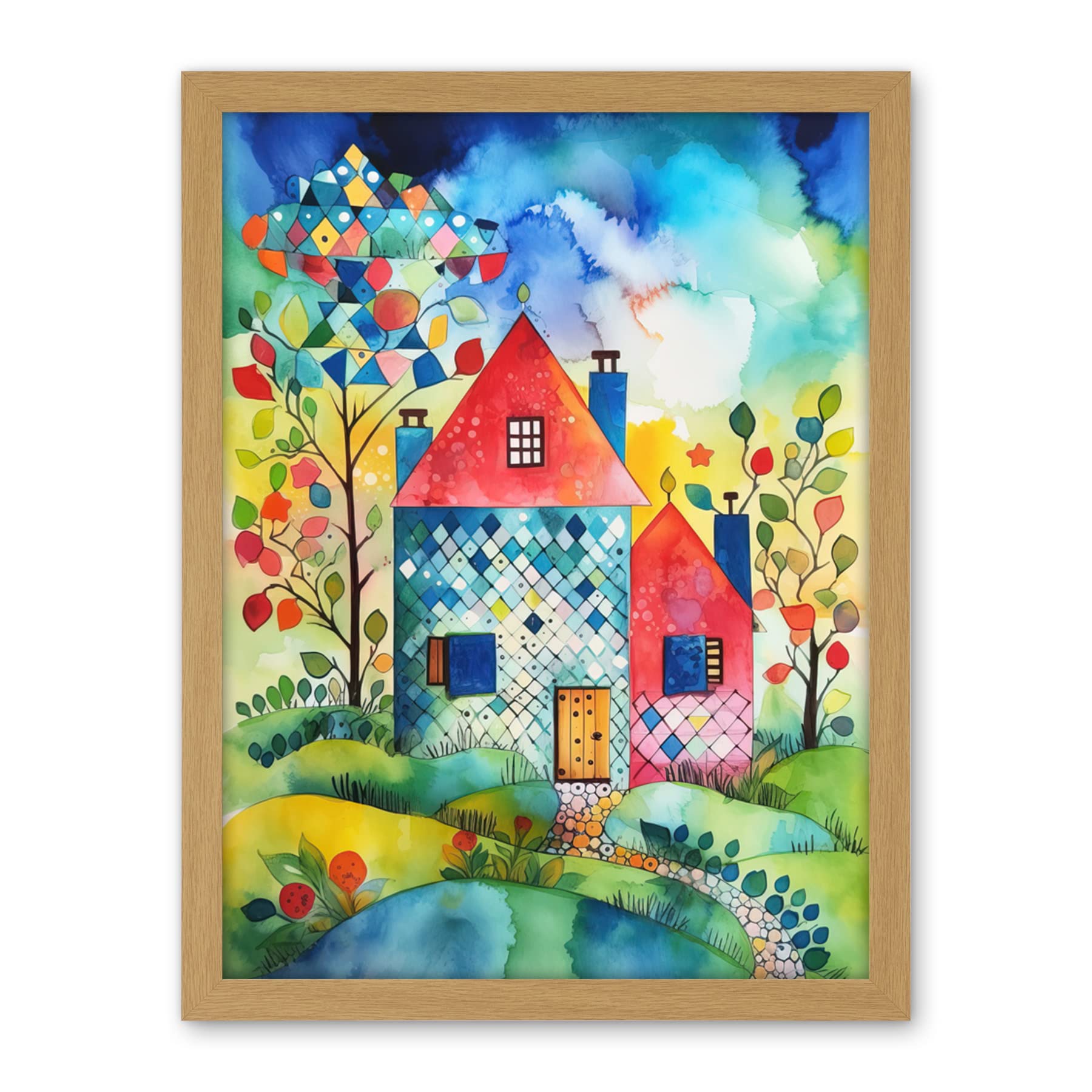 Artery8 Farmhouse In The Flowers Folk Art Artwork Framed Wall Art Print 18X24 Inch