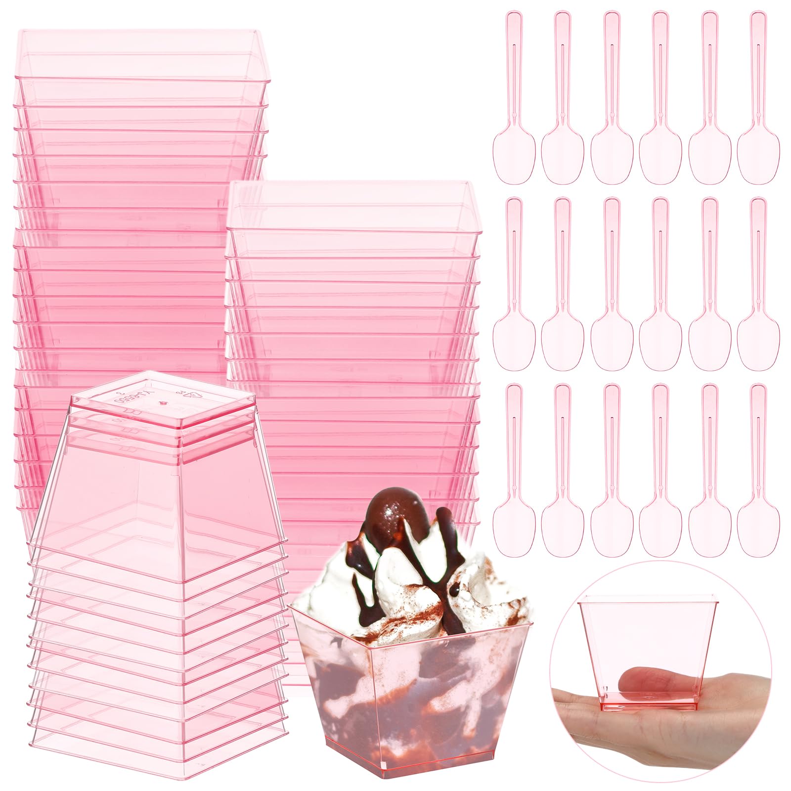 Photo 1 of Mifoci 50 Sets Dessert Cups with Spoons, Square Disposable Plastic Parfait Bowl, Elegant Clear Dessert Cups for Fruit Ice Cream for Wedding Bridal Shower Baby Shower Graduation Birthday (3.5 oz,Pink)