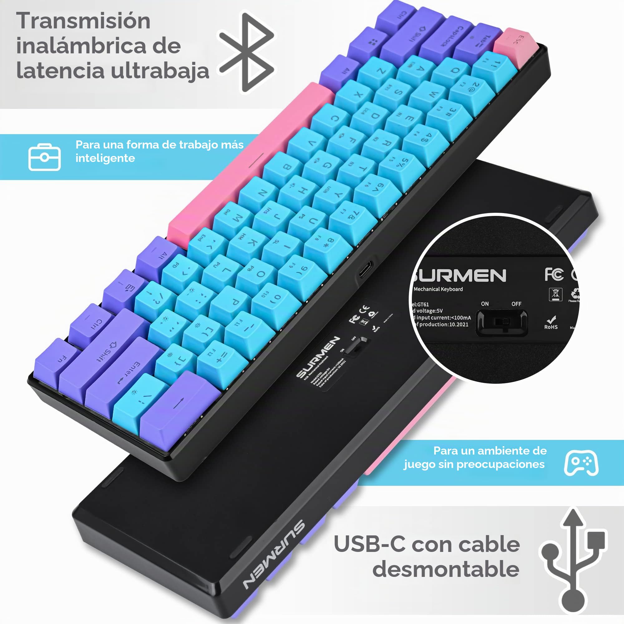 SOLIDEE 60% Teclado mecánico Gaming Wired/Bluetooth 5.0 Teclado de doble modo,teclados de RGB retroiluminado LED,61 teclas Teclado intercambiable en caliente con Interruptor amarillo Gateron(61 Joker)