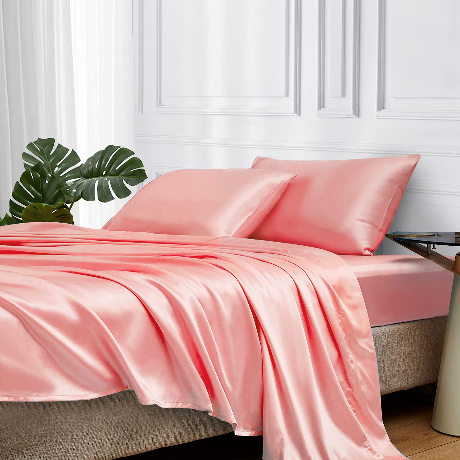 MR&HM Satin Bed Sheets, Queen Size Sheets Set, 4 Pcs Silky Bedding Set with 15 Inches Deep Pocket for Mattress(Queen, Blush)