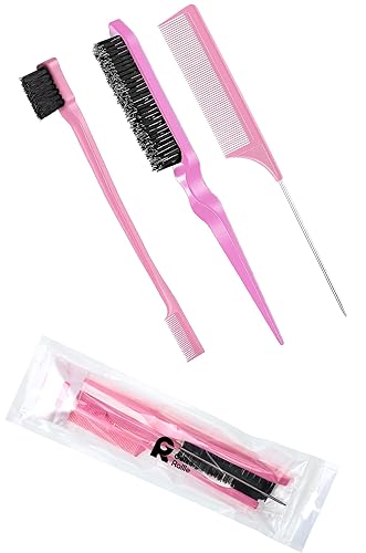 Vista 7 de Geiserailie Juego de 3 Cepillos para Cabello Slick Back, Cepillo de Cerdas, Control de Bordes, Peine Desenredante para Cabello Negro de Mujeres Rosa
