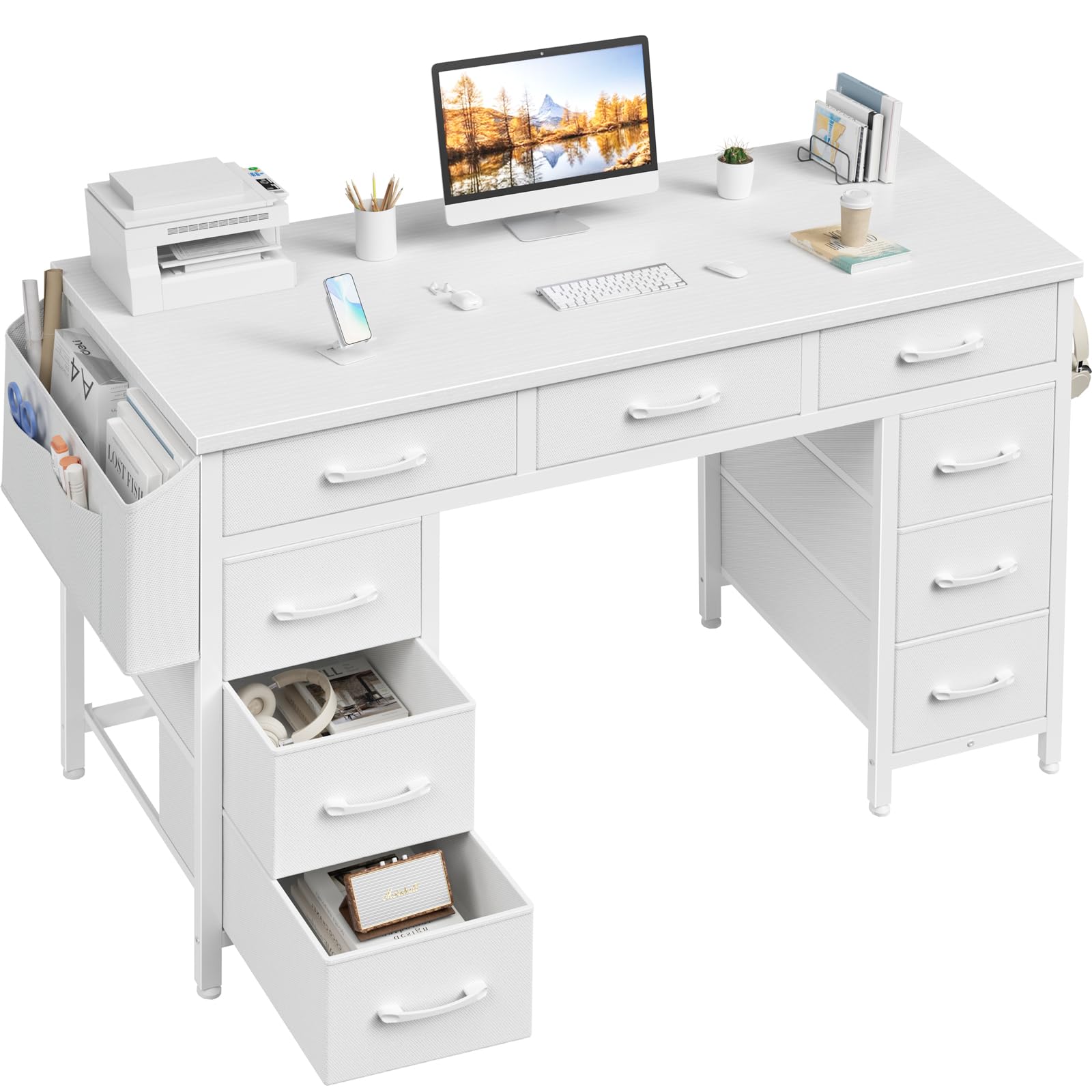 Lufeiya 47 Inch Computer Desk with 9 Drawers, Office Desk Work Desk for Home Office, Study, Writing, Vanity Desk with Fabric Drawers on Both Sides, Large Storage, White