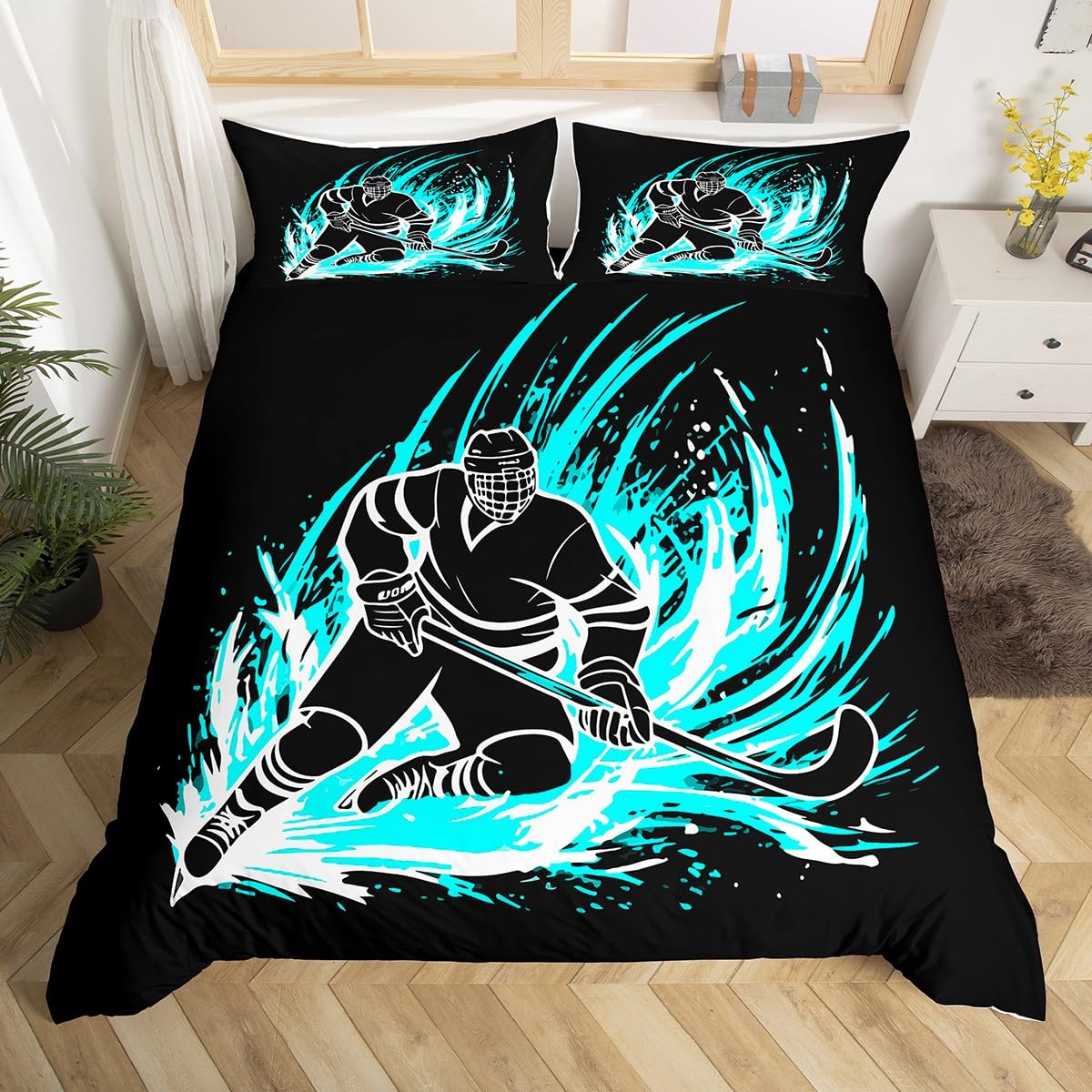 Homemissing Ice Hockey Kids Duvet Cover Double Size, Ice Sports Games Bedding Set Hockey Player Comforter Cover Puck Hockey Bedspread Cover Breathable Quilt Cover (No Comforter)