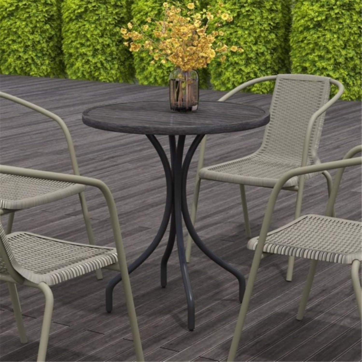 Round Patio Table, Outdoor Side Table, Coffee Table, Wood Grain Look, Slatted Top, Powder Coated Galvanized Steel Frame, Antique Grey, Black