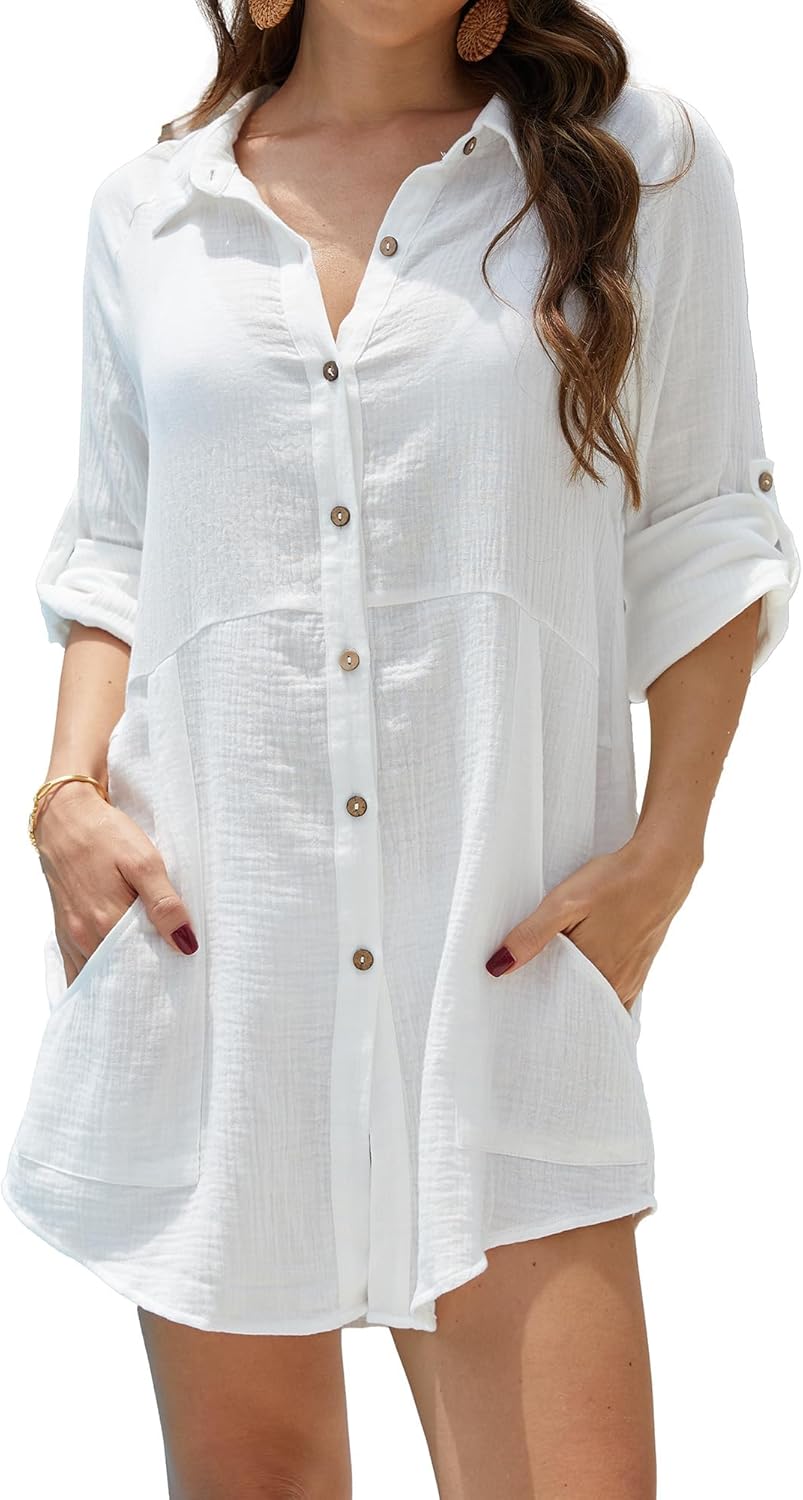 Bsubseach Bathing Suit Cover Up for Women Cotton Swim Coverup Long Sleeve Shirt Dress Beachwear
