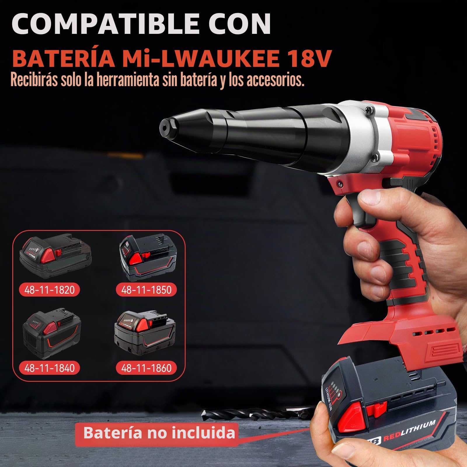 Alicates de remachado de batería compatibles con batería Mi-LWAUKEE de 18 V (sin batería), pistola de remache inalámbrica, pistola de remache sin escobillas para remaches de 1/8 pulgadas, 5