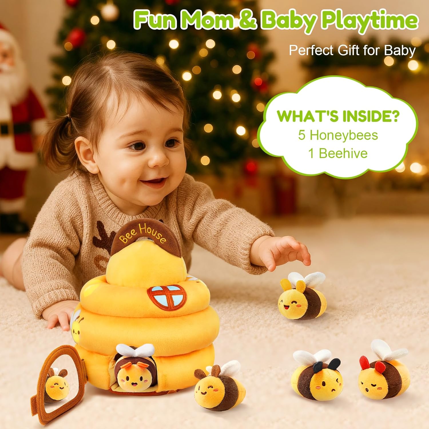Baby Toys 6-12 Months - Soft Beehive Infant Toy with 5 Sensory Bees, Rattle, Crinkle, Squeaker, Mirror & Music, Montessori Toys for Babies 3 6 9 12 18 Months, Baby Boys Girls Christmas Birthday Gifts - Image 8