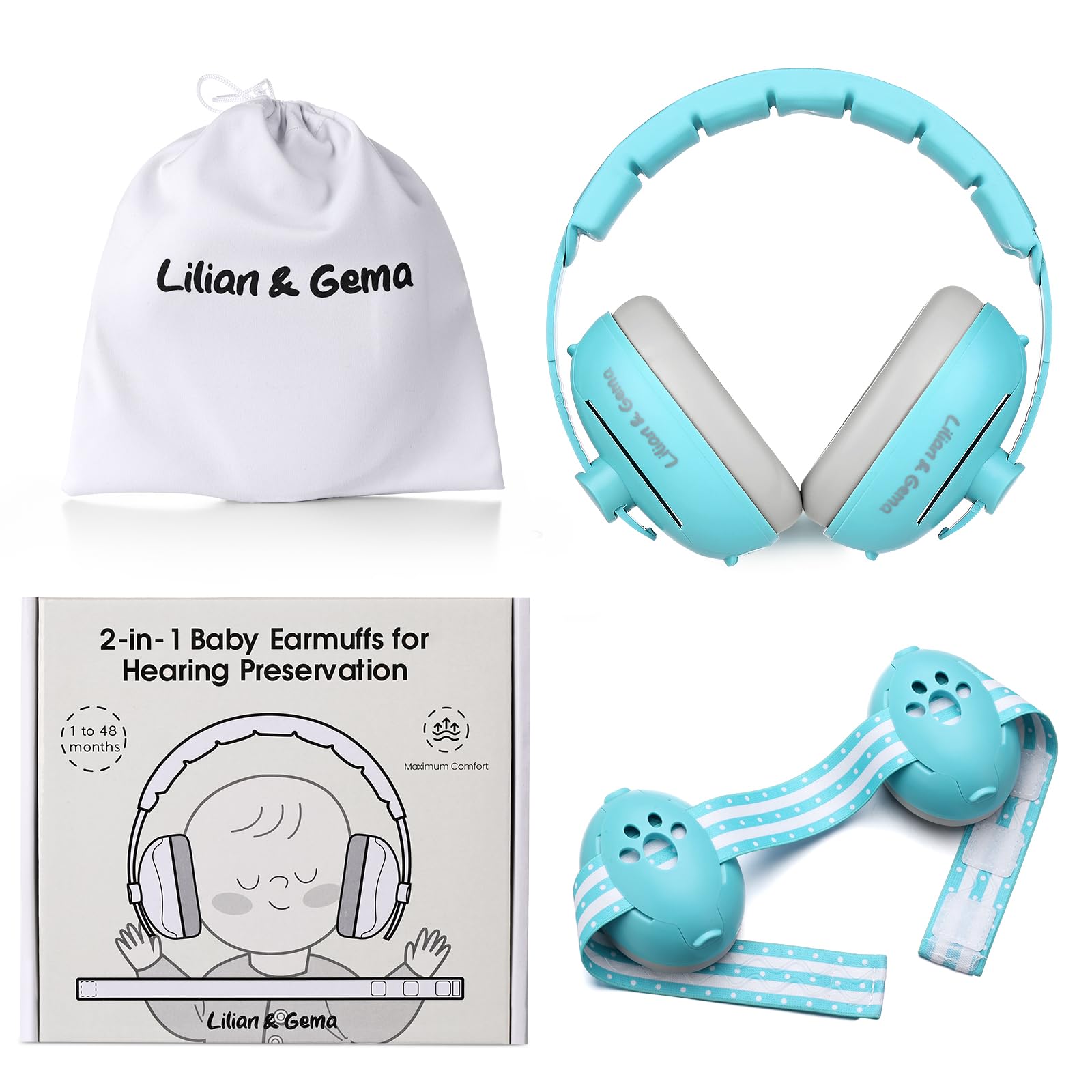 Lilian&Gema 2 in 1 Cuffie Neonato Antirumore -25dB,Protettori acustici per neonati, archetto regolabile, antiscivolo e antistress, protezione acustica ideale per neonati fino a 48 mesi