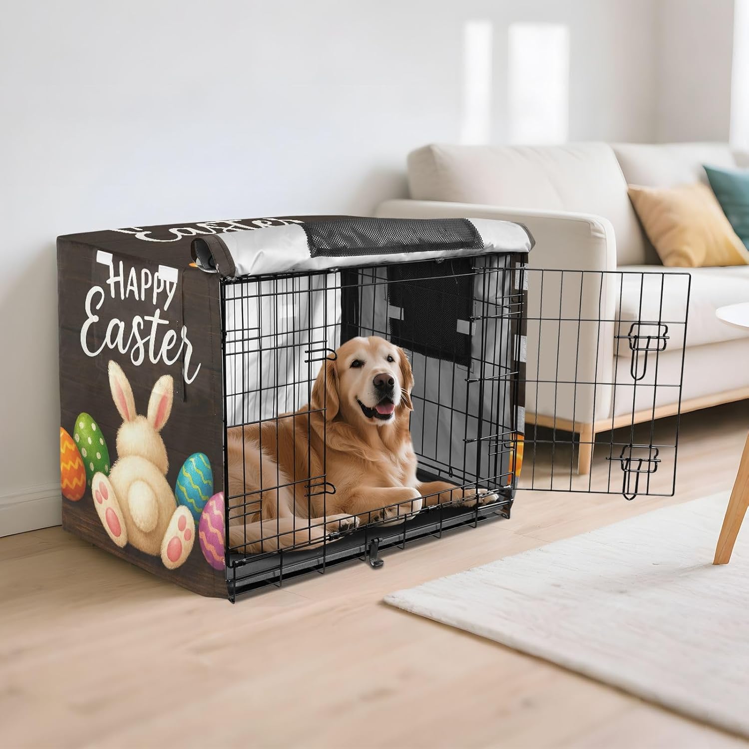 Cute Easter Bunny Brown Dog Crate Covers S-XL Windproof Pet Cage Cover with Mesh Windows, Reduces Barking, X-Large