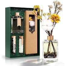 Reed Diffuser Home Fragrance Set 6oz with Real Dried Flowers & Natural Crystal Stones for Positive Energy DIY Aromatherapy Gift, Safe for Kids and Pets Sandalwood Guardian