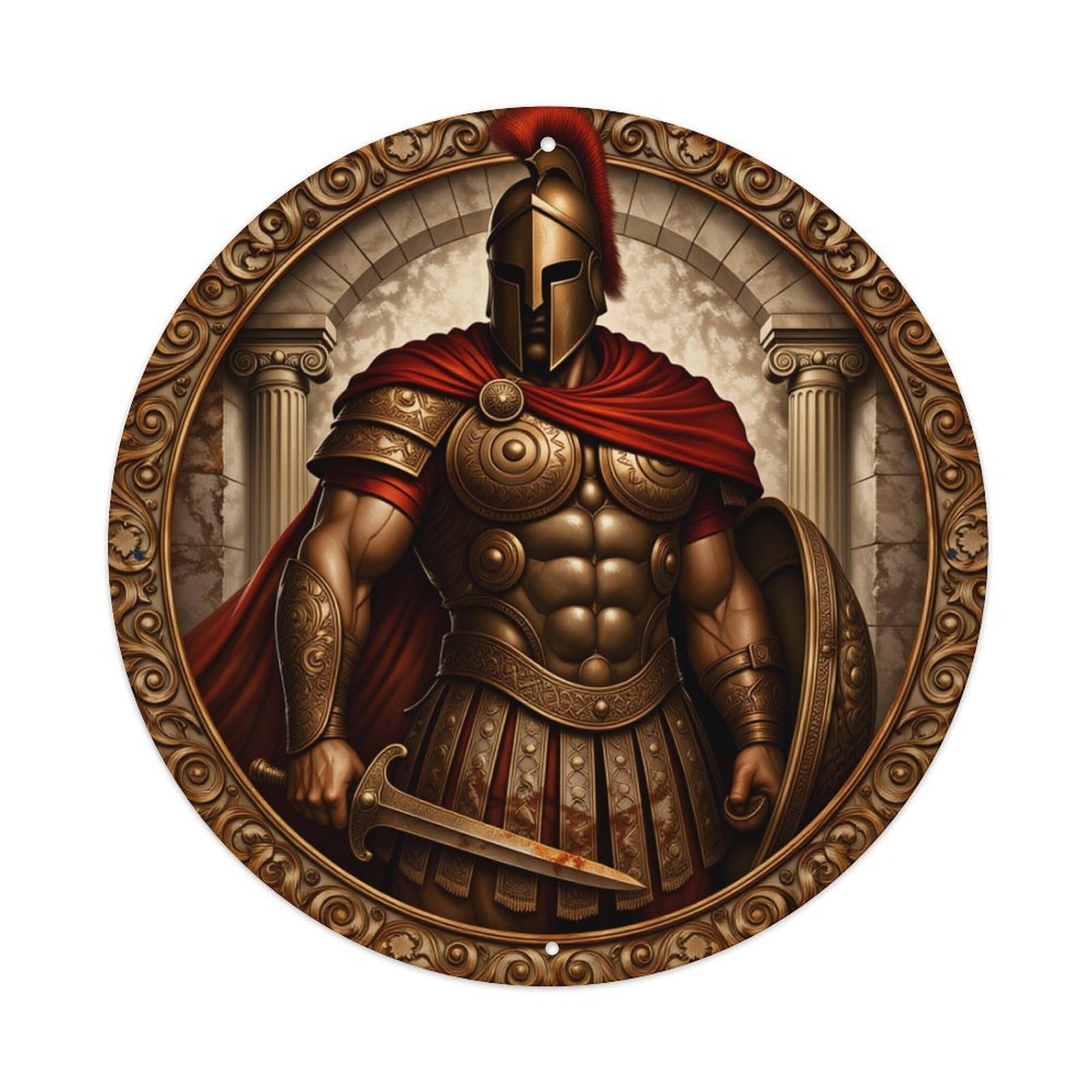 Ancient Warrior Armor Red Cape Sword Round Tin Sign Retro Metal Sign for Cafe Bar Pub Home Game Room Gym Club Wall Decoration Vintage Metal Poster 8x8 Inch