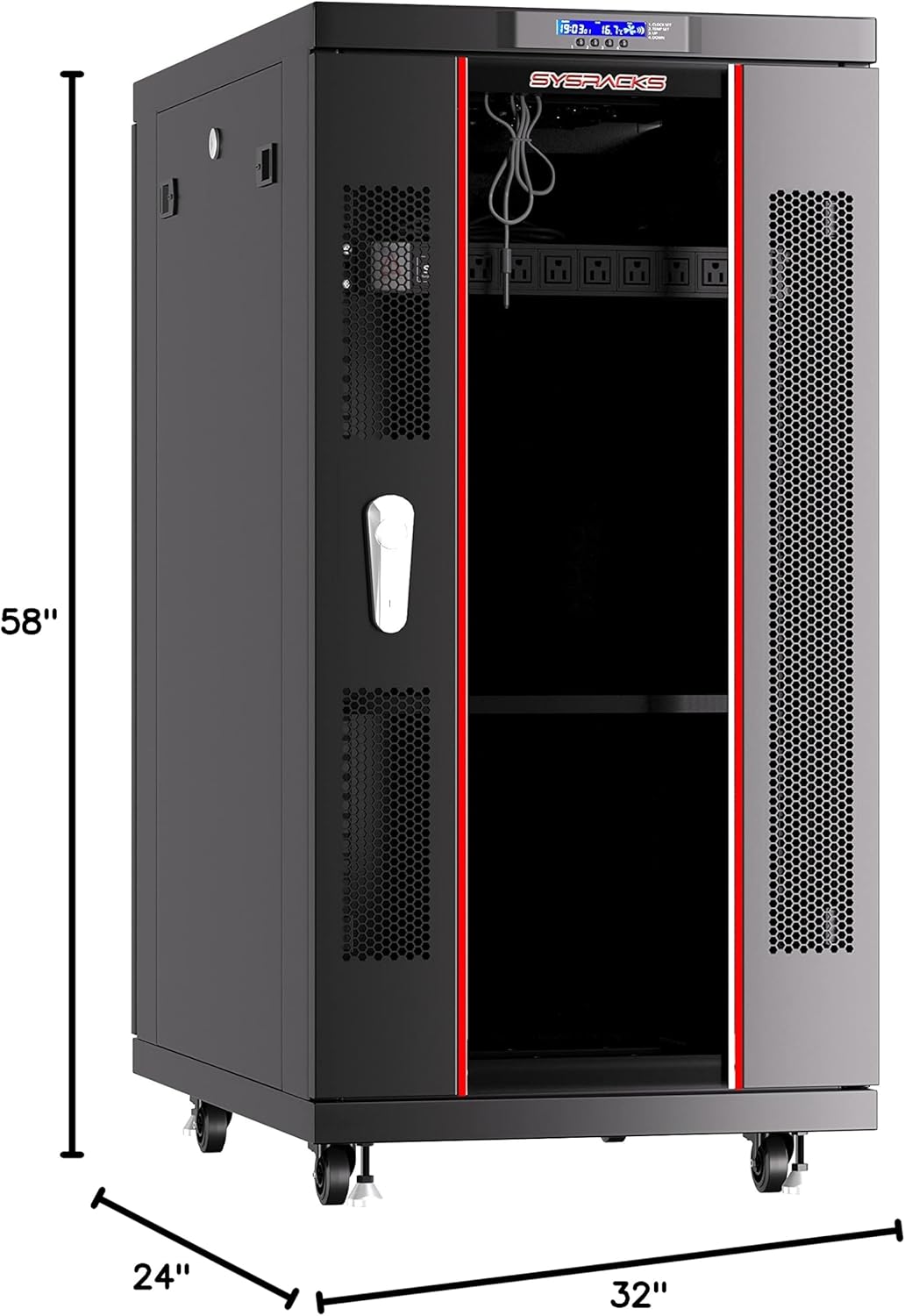 Sysracks 27U Server Rack Cabinet with overall dimensions labeled: 58 inches height, 24 inches width, 32 inches depth.
