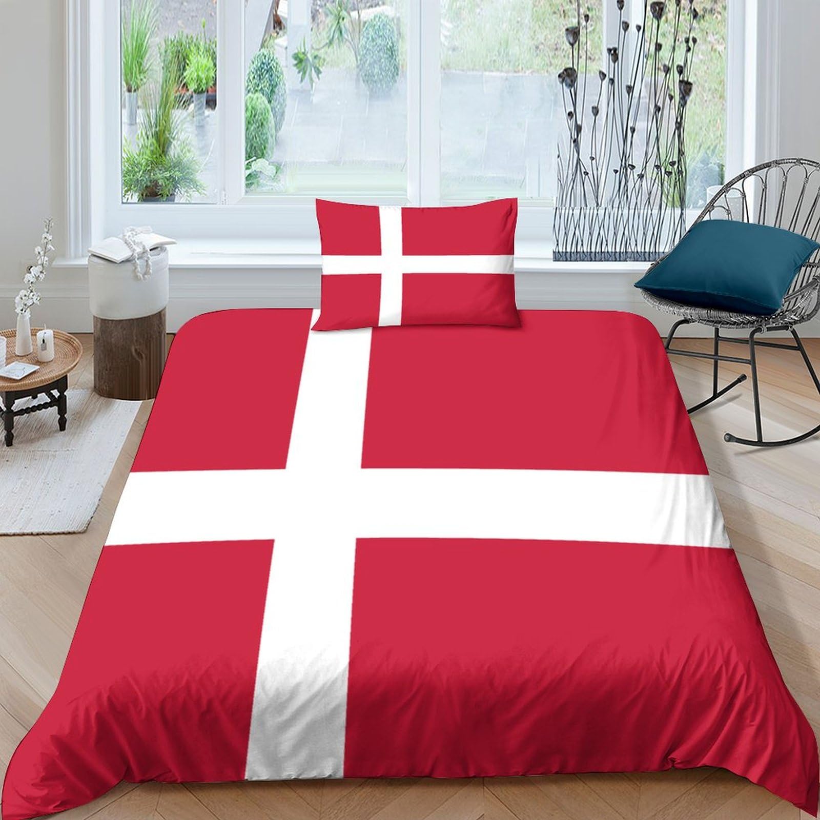 AAHARYA Flag of Denmark Bedding Set Duvet Cover Soft Microfiber Quilt Cover with 3D National Flag Print Design for Kids Teens Adults Single（135x200cm）