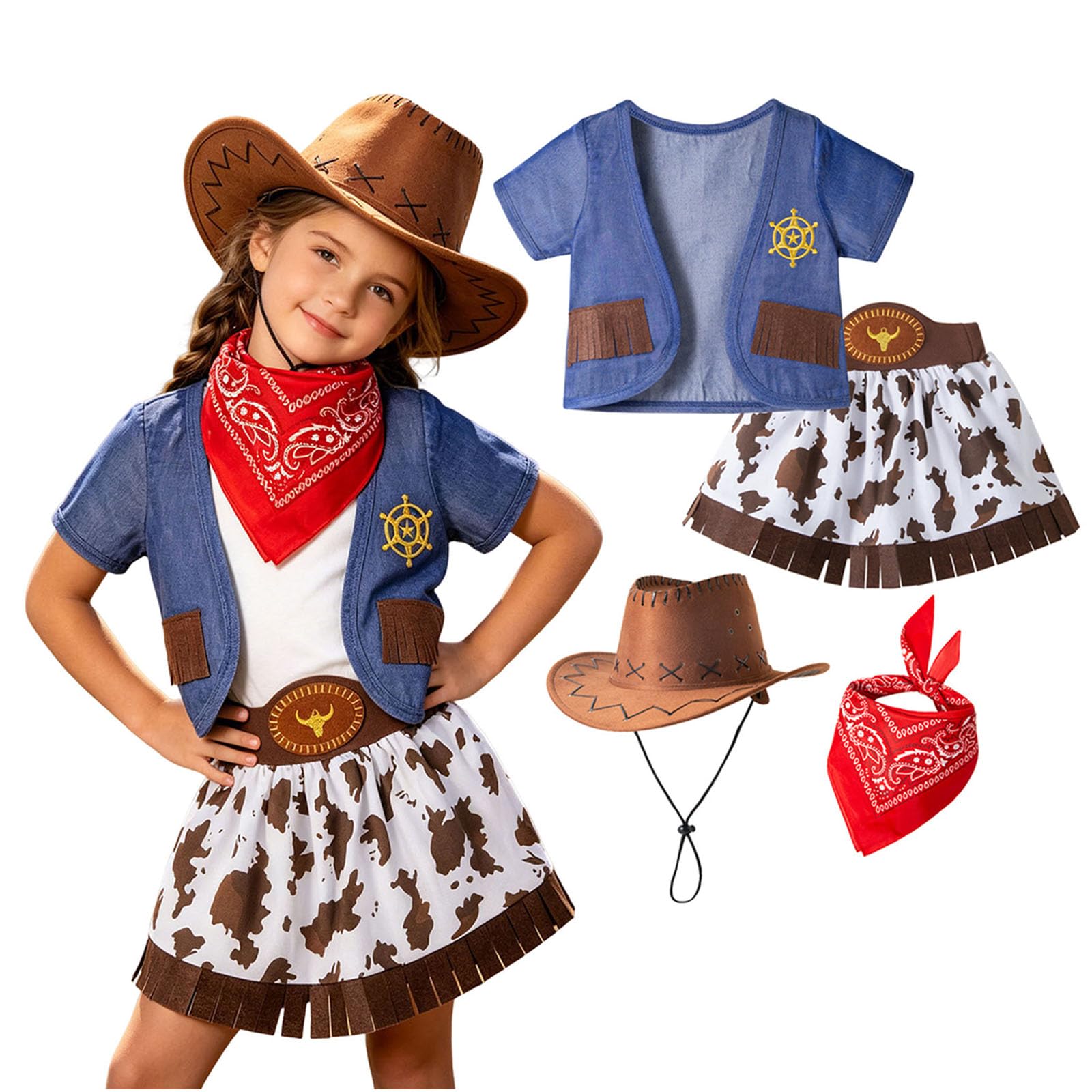 Girls Cowgirl Fancy Dress Set Kids Short Sleeve Denim Fringe Waistcoat Cow Print Skirt Cowboy Hat Red Bandana 4-Piece Western Costume for School Play Holiday Party Performance (Blue, 3-4 Years)