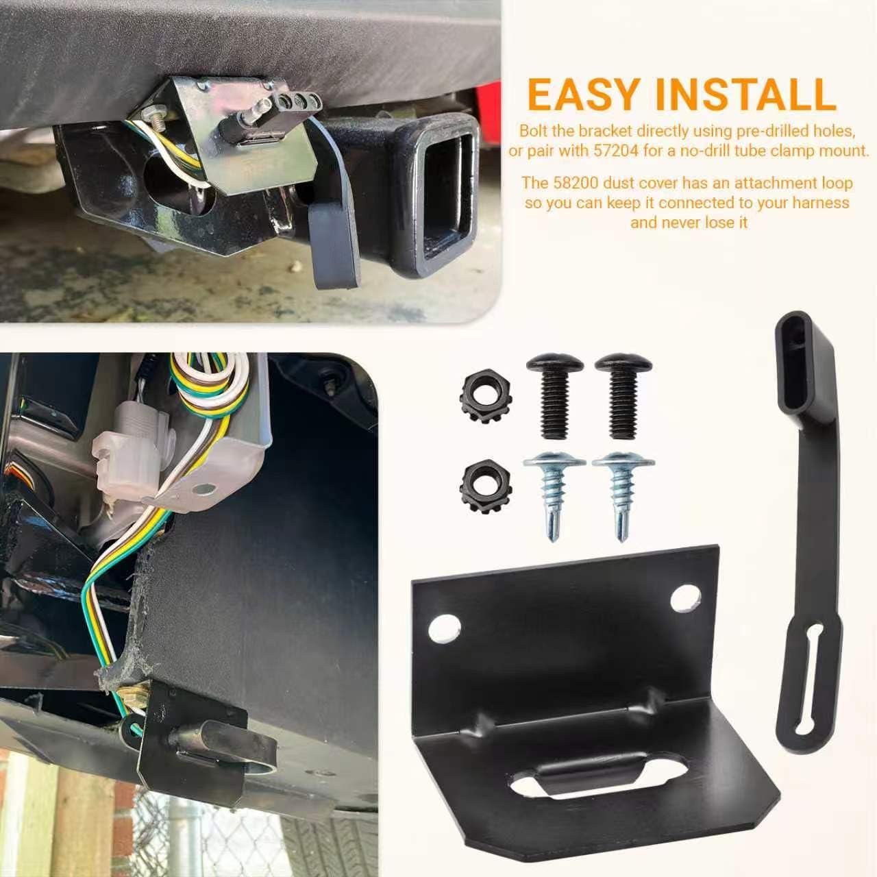 Vehicle-Side Trailer Wiring Harness Mounting Bracket Kit for 4-Way Flat | Includes 4 Way Flat Trailer Wiring Harness Mounting Bracket & Connector Dust Cover,Fits Most Standard 4-Way Flat Connectors