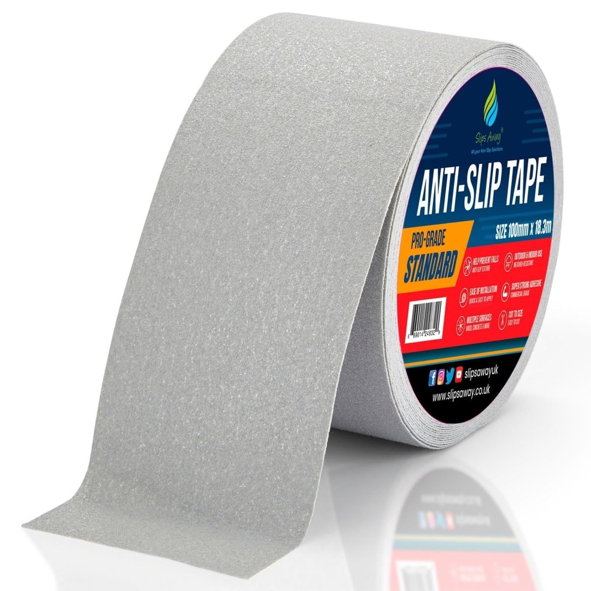 SlipsAway Anti-Slip Tape Roll - Strong Adhesive Grip Tape for Stairs Tread, Ramp & Deck - 100mm x 18.3m Waterproof Non-Skid Tape for Indoor/Outdoor Use - Made in the UK - Grey