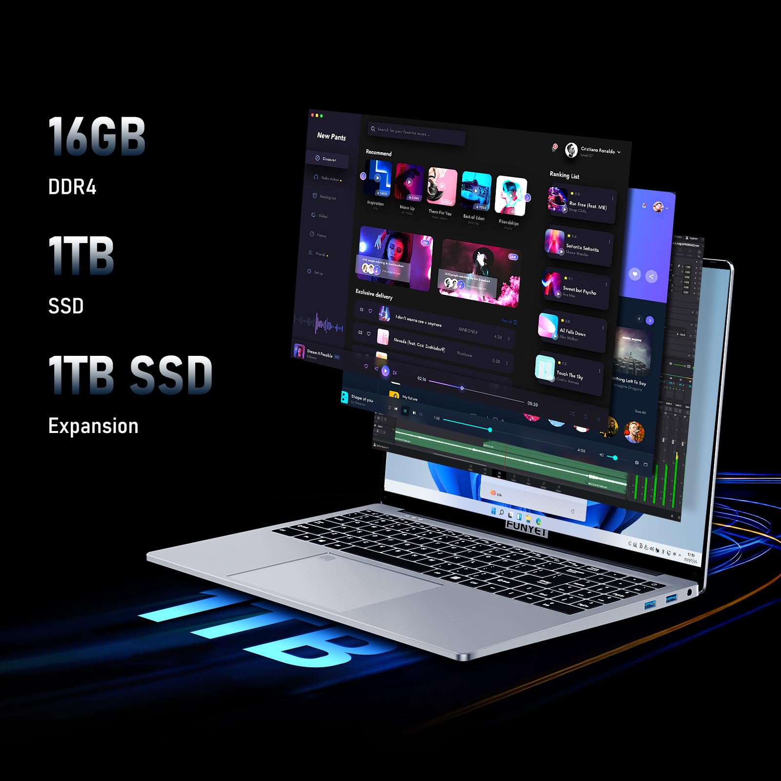 FUNYET Computer portatile da 16", PC portatile Windows 11 Pro, computer portatile N95 CPU 1920 × 1200P IPS FHD Schermo Laptop 16 GB 1 TB SSD USB Bluetooth Mini HDMI WiFi tastiera retroilluminata