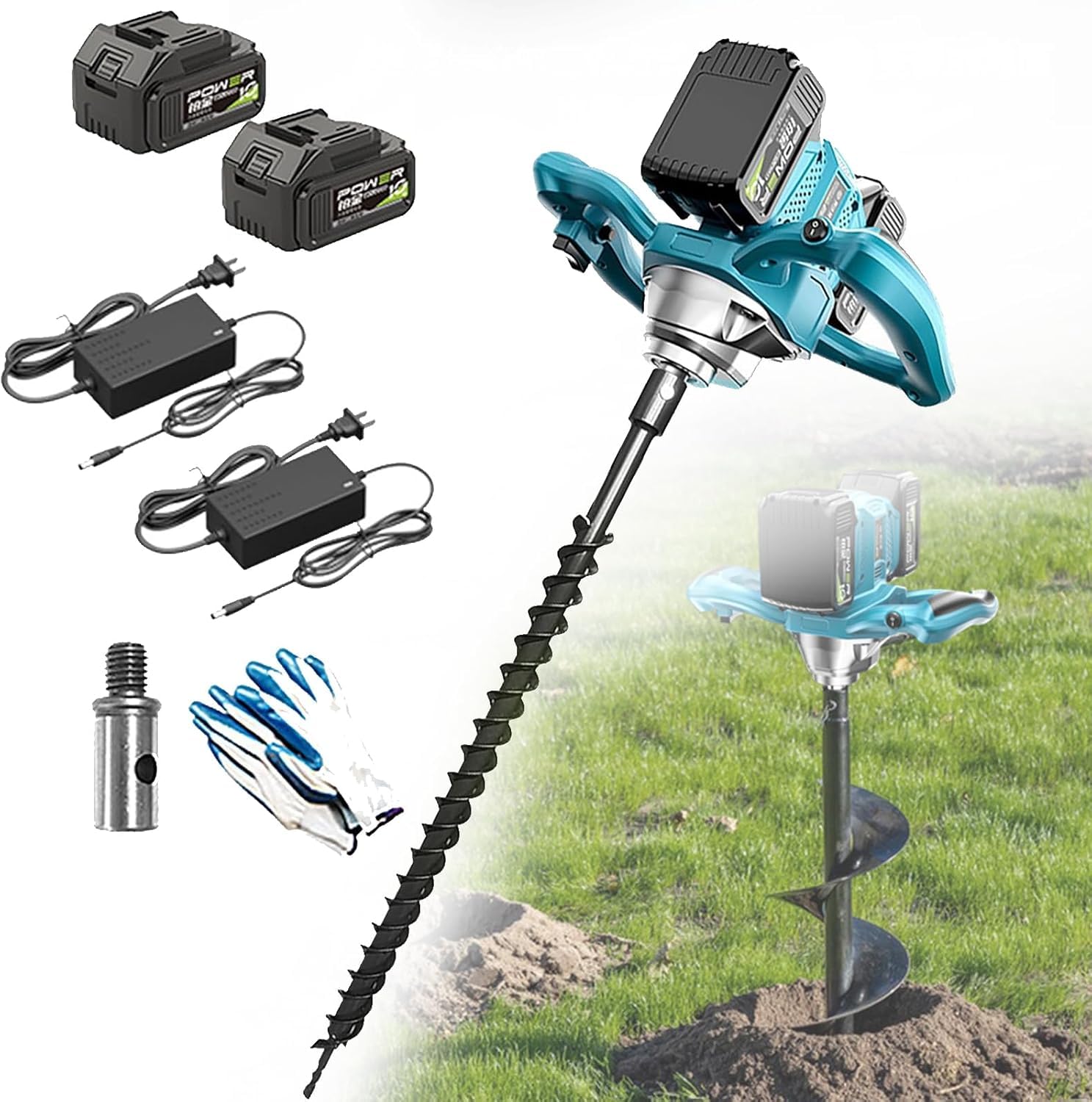 Trivella Elettrica Senza Filo per Pali, 1200W con 2 Batterie e 6 Marce Regolabili, avanti/Indietro per Piantare Alberi, Recinzioni, Giardinaggio in Terreno, Argilla e Ghiaia