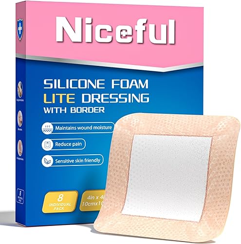 Apósito de espuma de silicona Lite de 4 x 4 pulgadas, borde suave para heridas, incisiones quirúrgicas, quemaduras, abrasiones, apósito de grado