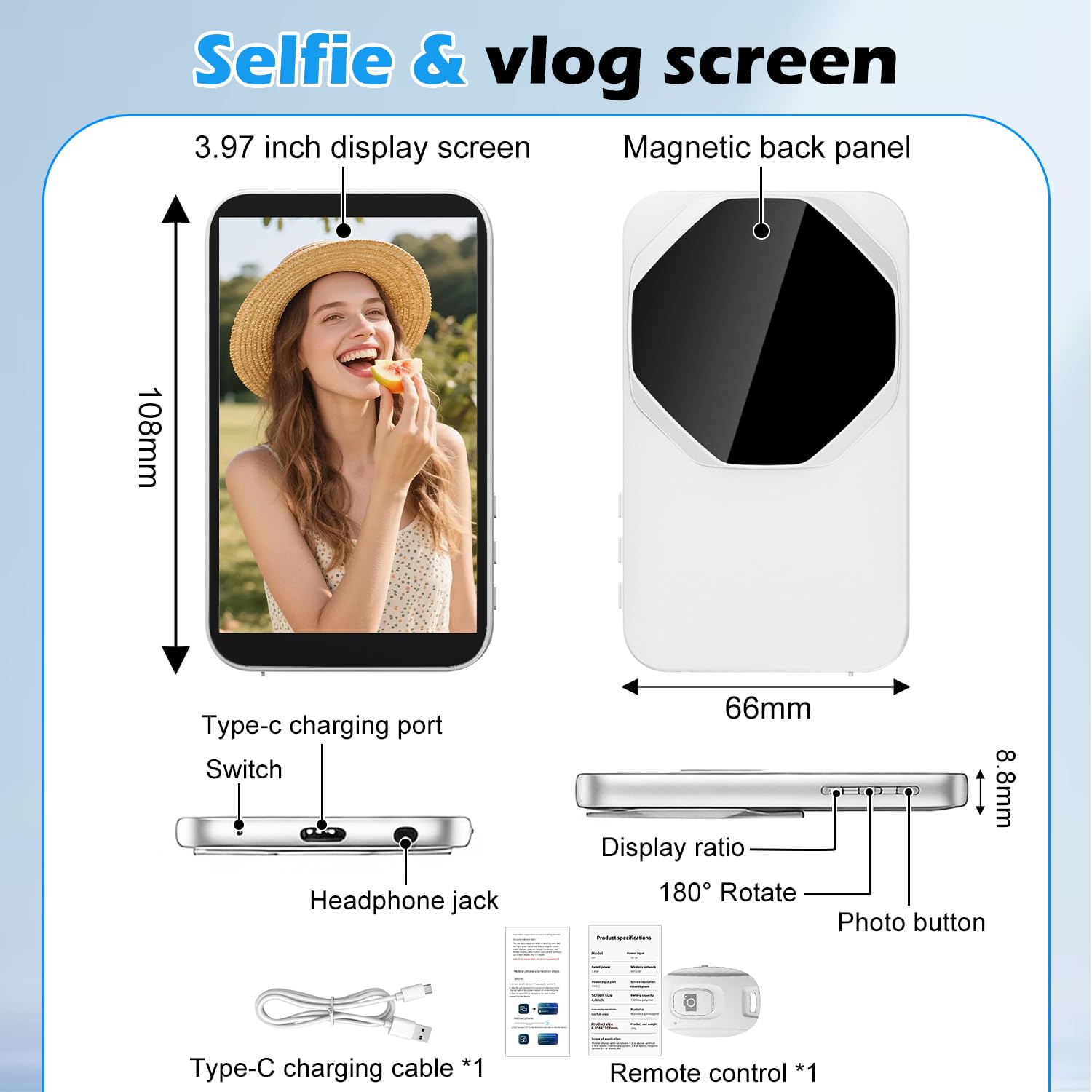 Handy Selfie Monitor für iPhone & Android – 4K Selfie Monitor iPhone mit 3,97" Bildschirm, Bluetooth-Fernbedienung, Magnetring & Langzeit-Akku für Vlog, Live-Stream & TikTok
