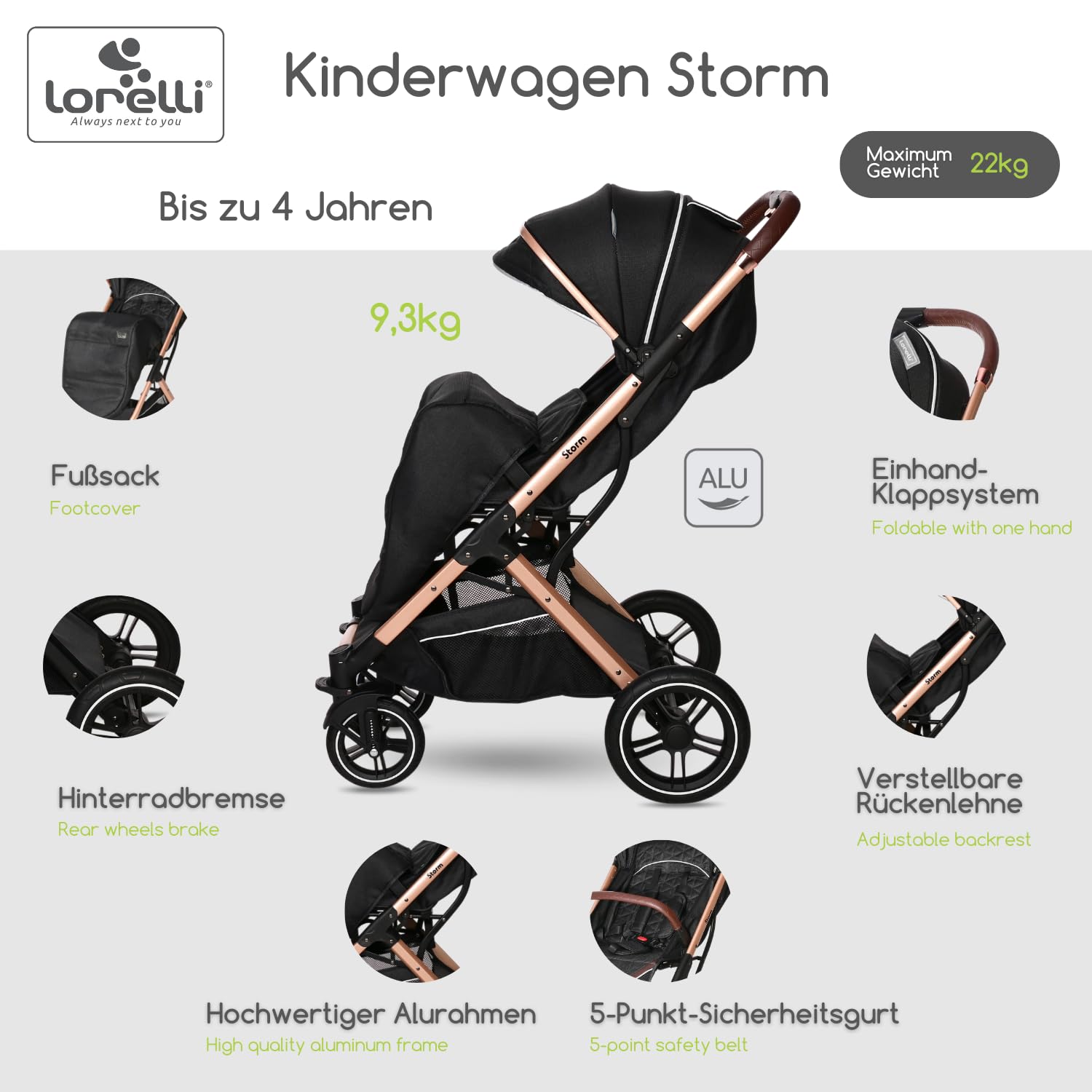 Lorelli Kinderwagen Storm, Sport Buggy klein zusammenklappbar, nur 9,3kg, kompakter Sportsitz bis 22kg, Baby Reisebuggy, Einhand-Klappsystem, schwarz