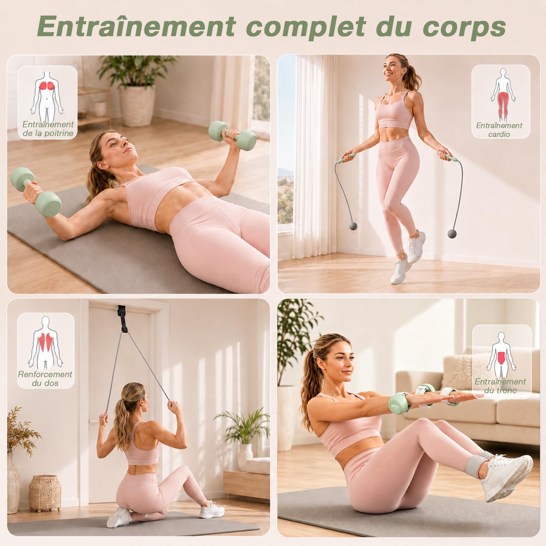 HTQ Home-Fitness-Set für Damen, verstellbare Hantelscheiben, Kettlebell, Widerstandsband