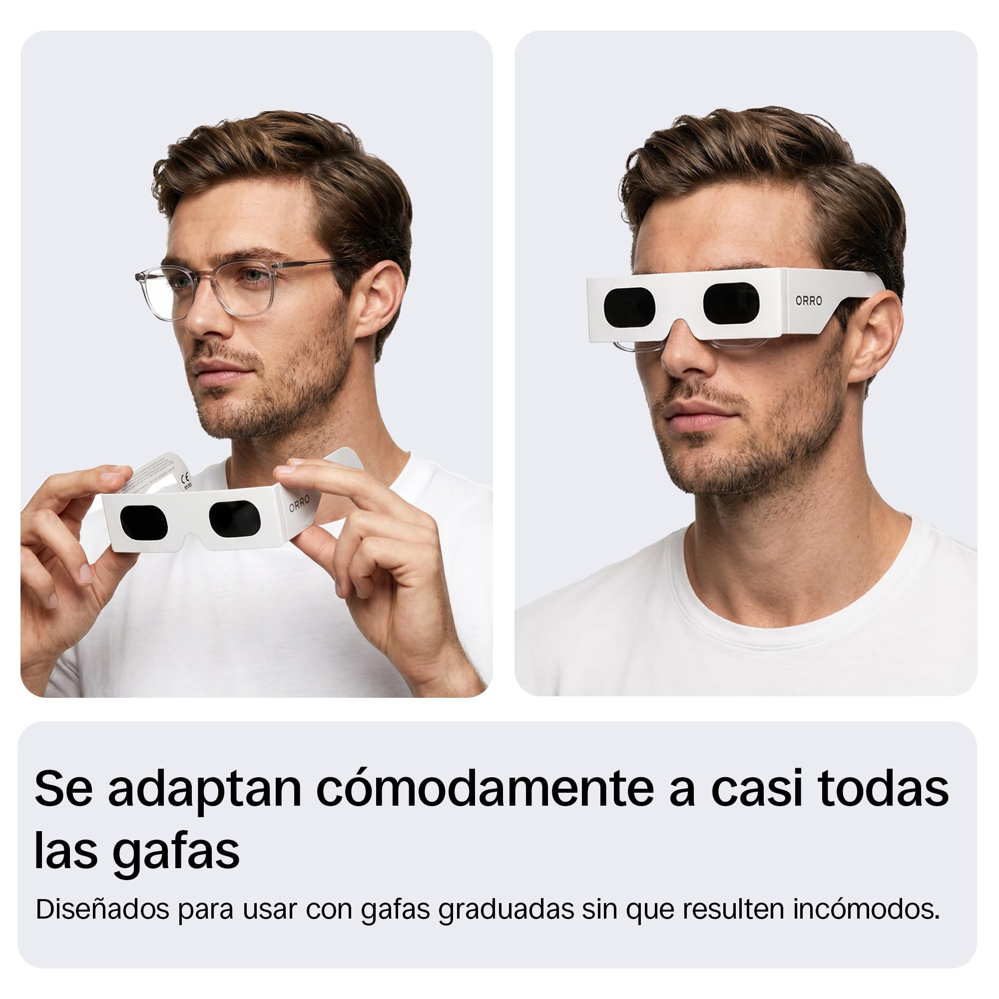 ORRO Gafas para Eclipse Solar de 45 mm, Pack de 2/6/12, Se Ajustan sobre Gafas Graduadas, Protección Ocular Certificada, Ensayadas según EN ISO 12312-2:2015, Marcado CE - Ajuste Edge