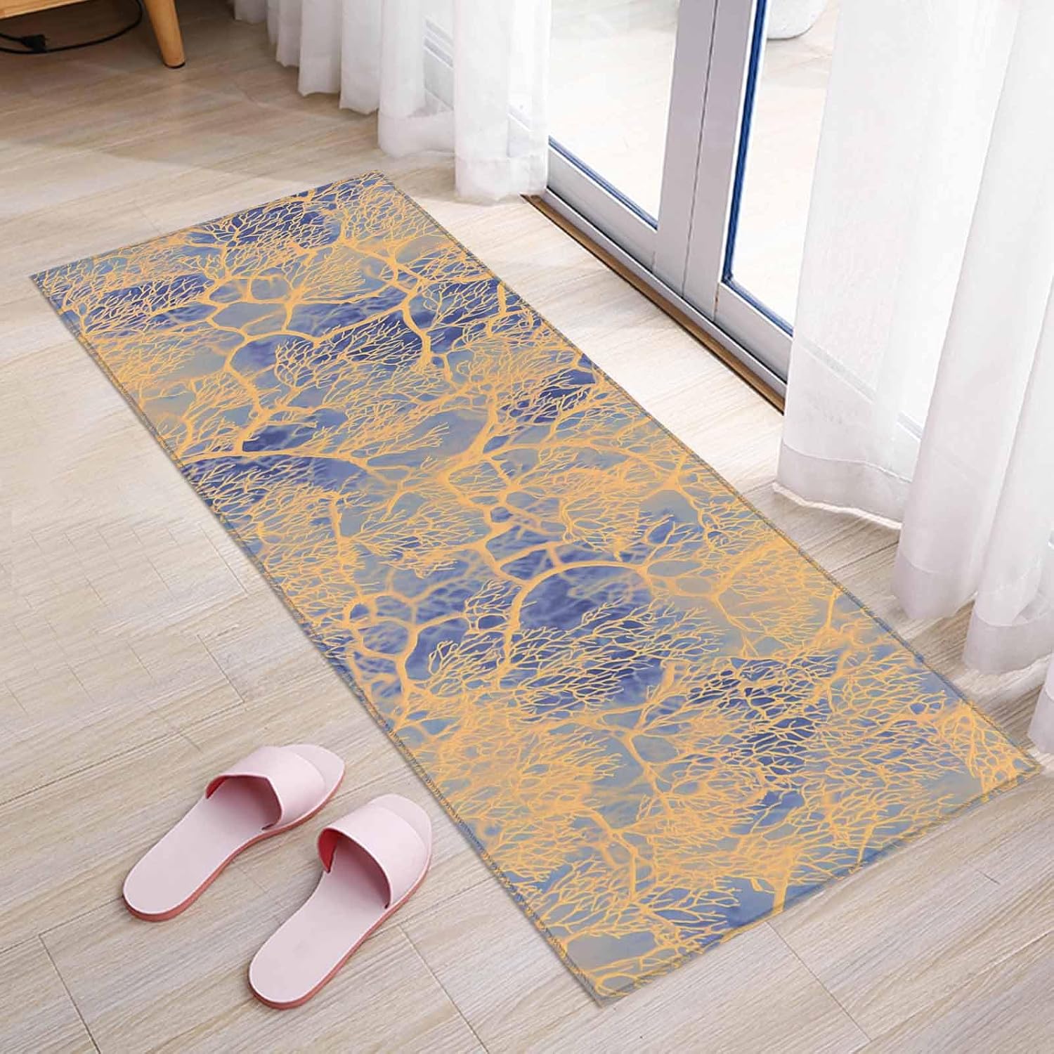 Teamery Kitchen Mats for Floor Orange Coral Branches on Blue Washable Non Slip Kitchen Rugs 1PCS, Ocean Abstract Art Absorbent Standing Mats for Sink Bathroom Office Living Room 15.7x47.2in