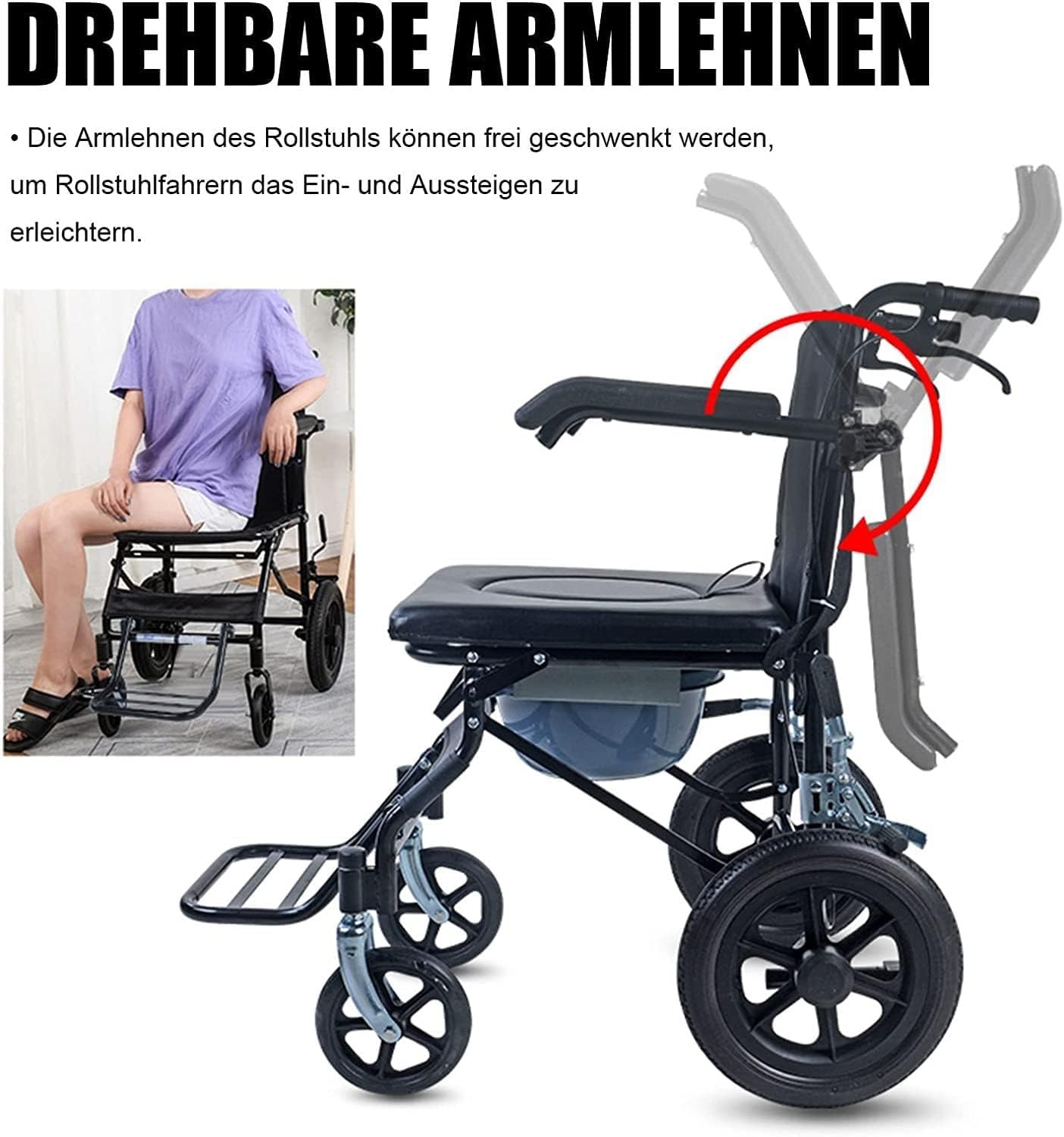 Wózek inwalidzki Składany lekki wózek inwalidzki, Składane krzesło toaletowe z kółkami, Mały wózek inwalidzki do domu i podróży, Bardzo wąski wózek inwalidzki z hamulcami
