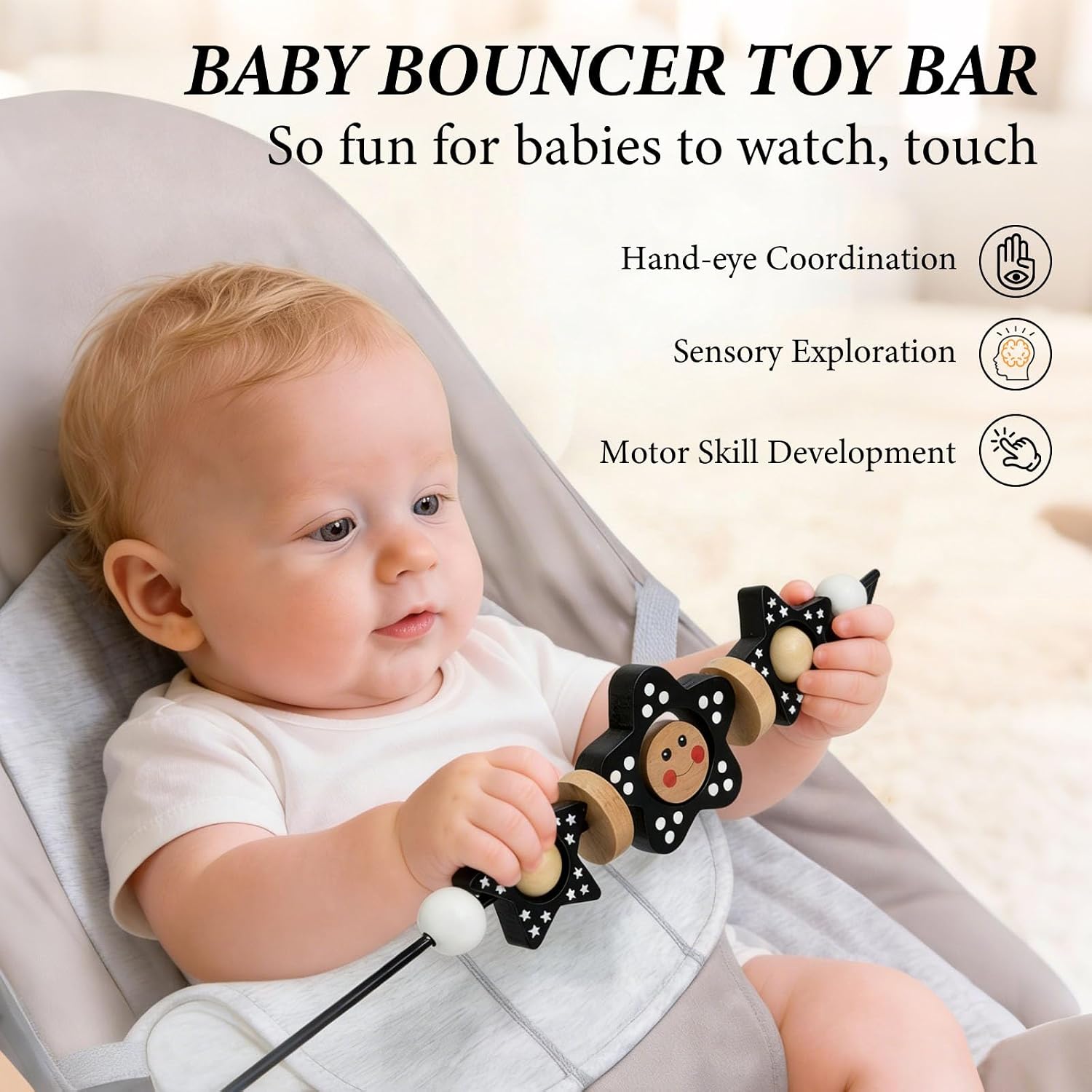 Baby Bjorn Bouncer Toy Bar Wooden Compatible with Baby Bjorn Bouncers, Attach Tight and Secure Fit, Easy to Remove, So Fun to Watch, Touch and Spin for Babies All Ages (Black and White Flower)