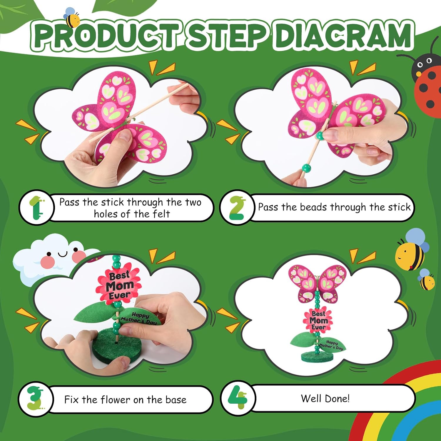 SmoothNovelty 25 Sets Mother's Day Craft Kits DIY Felt Flower Craft Best Mom Gifts Bulk for Mother's Day Classroom School Activities Toddlers Spring Crafts Mom's Birthday from Daughter Son