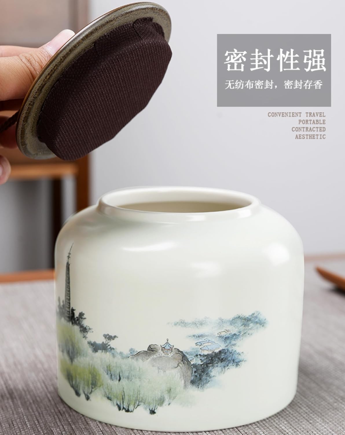 Ceramics Tea Caddy, 900ml 30.6oz, Hand-drawn Sealed Storage Tank Chinese Kung Fu Tea Set Accessories