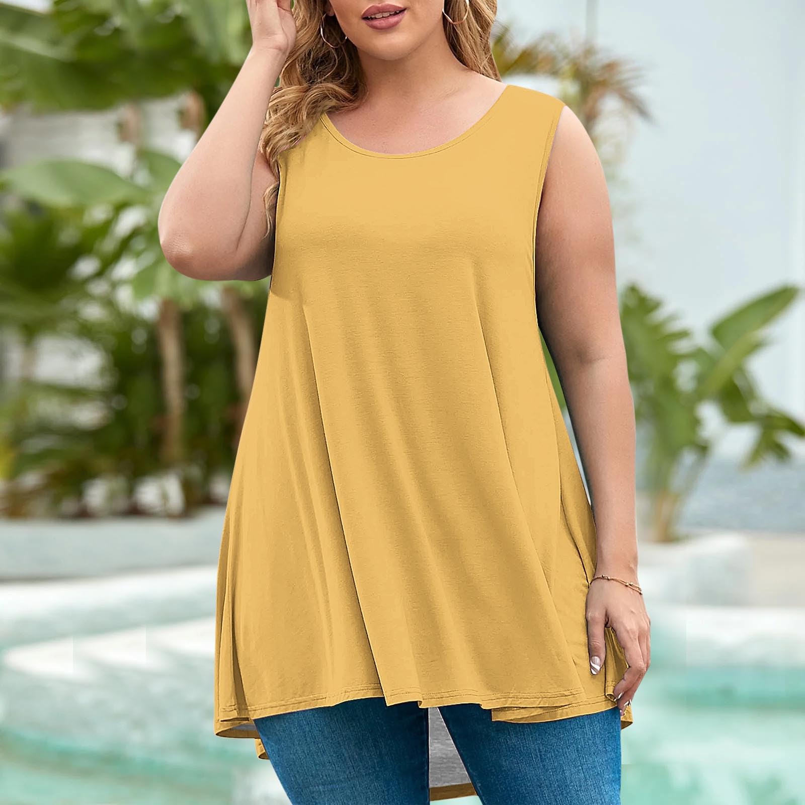 Womens Plus Size Tunic Tops Loose Fit Summer Casual Shirts Sleeveless Crewneck Flowy Blouses Wide Strap Camisole - 3