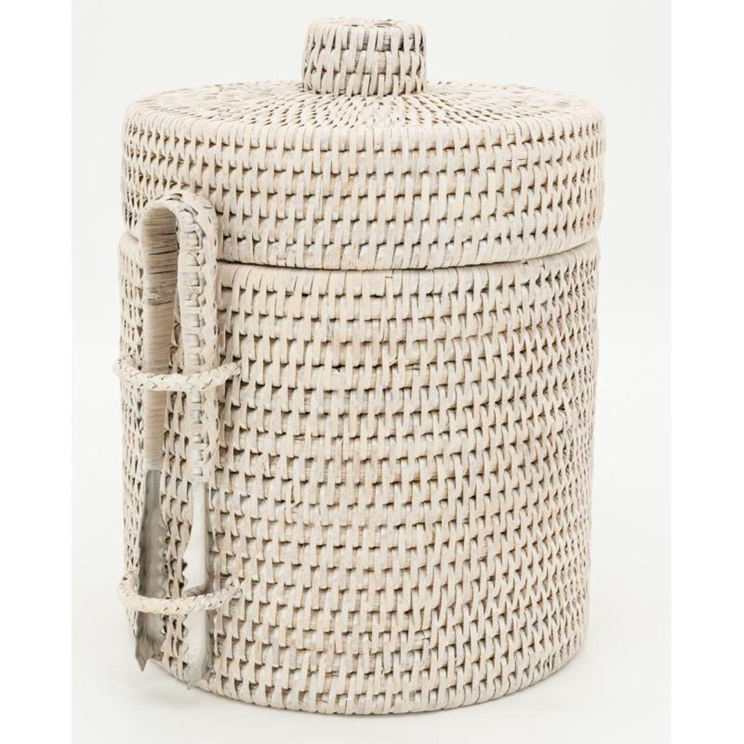 AUBRY GASPARD - Seau à Glace en Rotin avec Pince - Finition Patinée Blanche - Ø 20 cm x Hauteur 25 cm - Seau Amovible en Plastique pour Conserver le Froid - Idéal pour Réceptions et Dîners Conviviaux