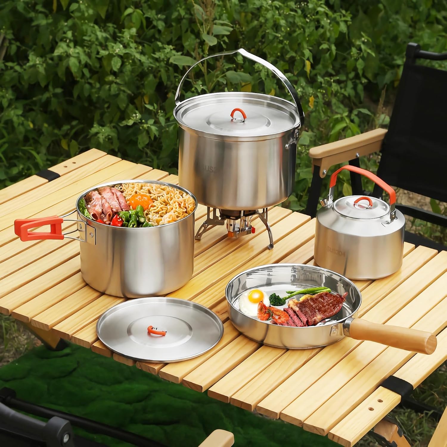 Set di pentole da campeggio, set da cucina da campeggio, in acciaio inox 304, set di pentole e padelle, durevole attrezzatura da campeggio con bollitore per escursioni, cucina all'aperto, picnic