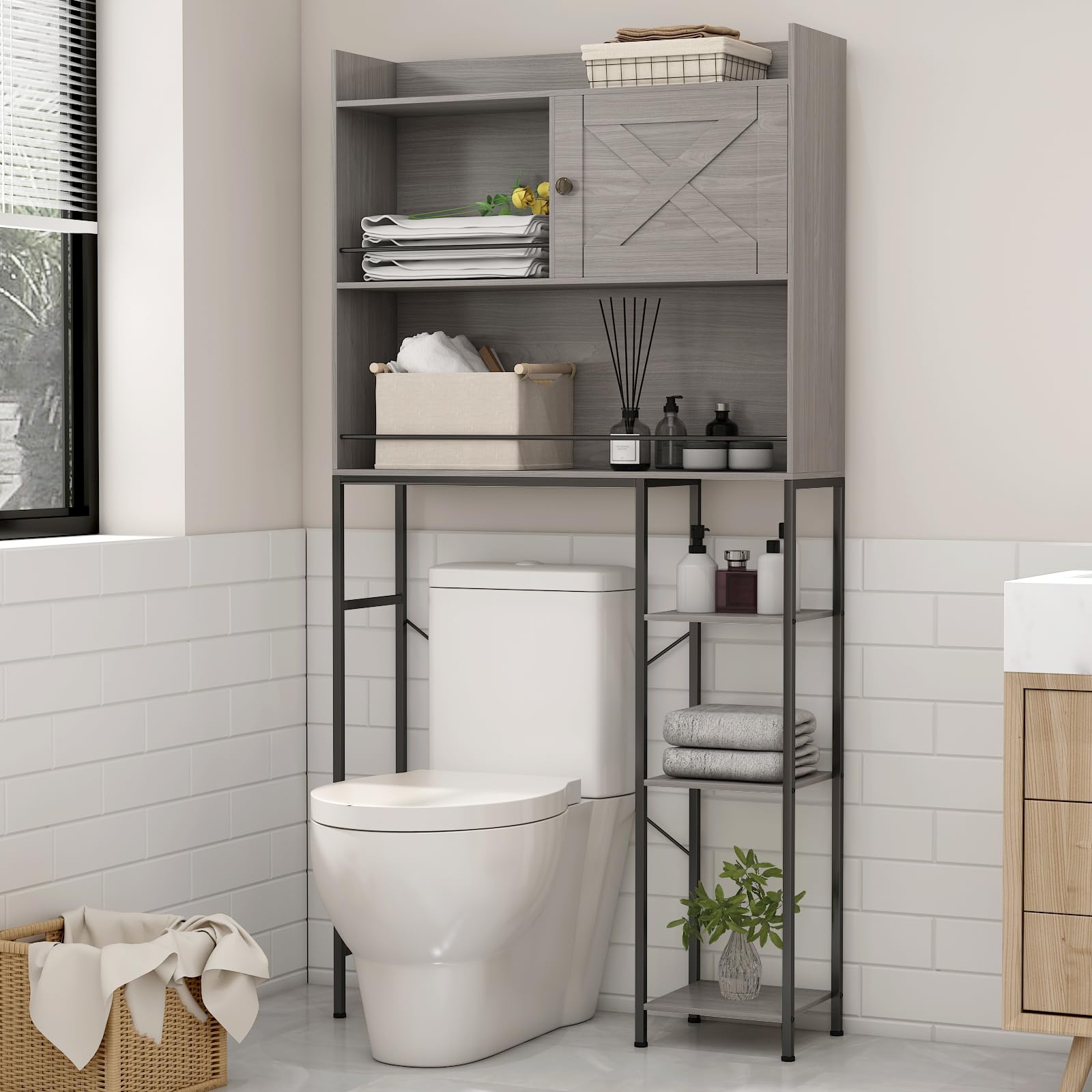 Over The Toilet Storage Cabinet, Farmhouse Storage Cabinet Over Toilet with Barn Door&Toilet Paper Holder Stand, Freestanding Space Saver Shelf Toilet Rack for Bathroom, Laundry(Grey)