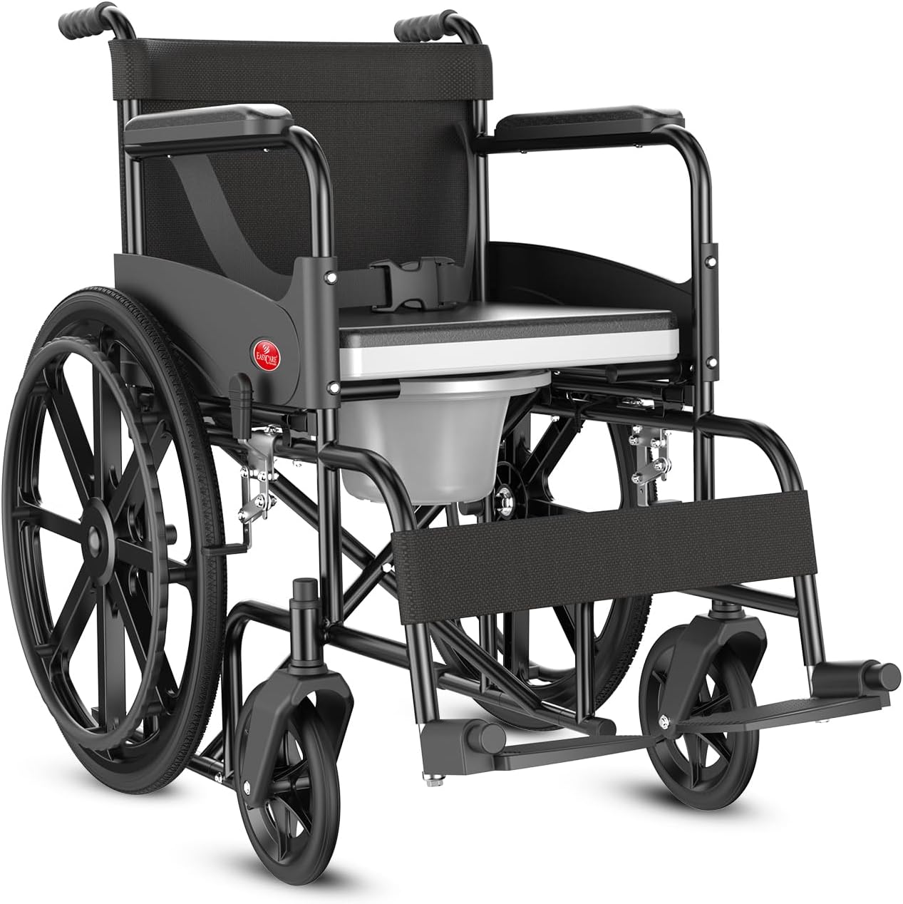 Easycare Commode Wheelchair for Old People and Patient, Suitable for Indoor & Travel-Friendly with Adjustable & Comfort Seat Belt with Footrests, Wheel Chair for Toilet (Commode Wheelchair)