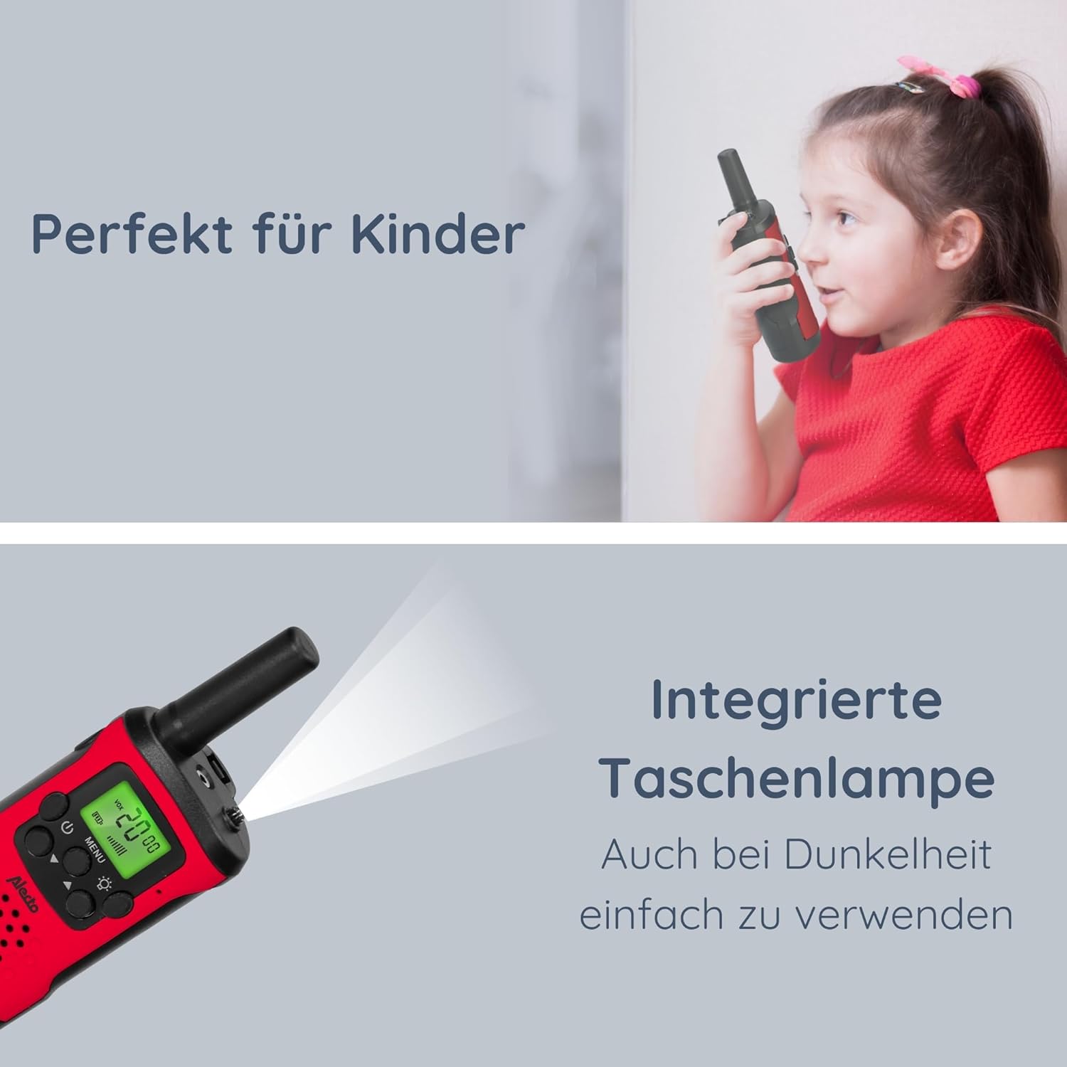 A child holding an Alecto FR-115RD walkie-talkie to their ear, demonstrating its use. The image also shows a close-up of the walkie-talkie with its integrated flashlight beam.