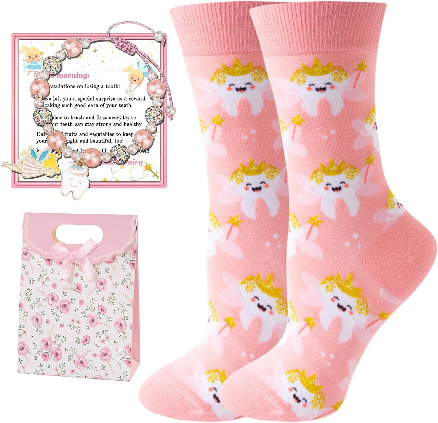 Zahnfee Gifts Girls Set of 4, The Tooth Fairy Socks and Tooth Jewellery Set Bracelet, Milk Tooth Surprise with Bag and Card for Daughter
