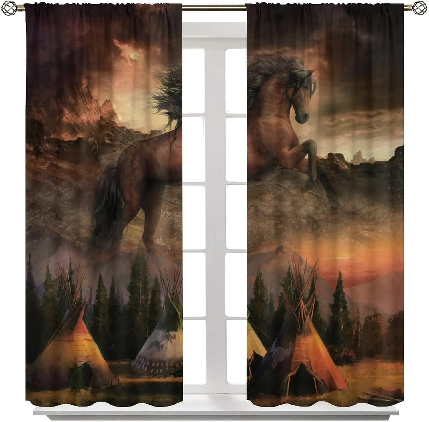 Abstract Indian Tribal War Horse Blackout Curtains for Bedroom,Rustic Western Forest Wild Animal Horse Window Drapes - Thermal Insulated and Noise Reduction,2 Panels 63L x 27.5Ws
