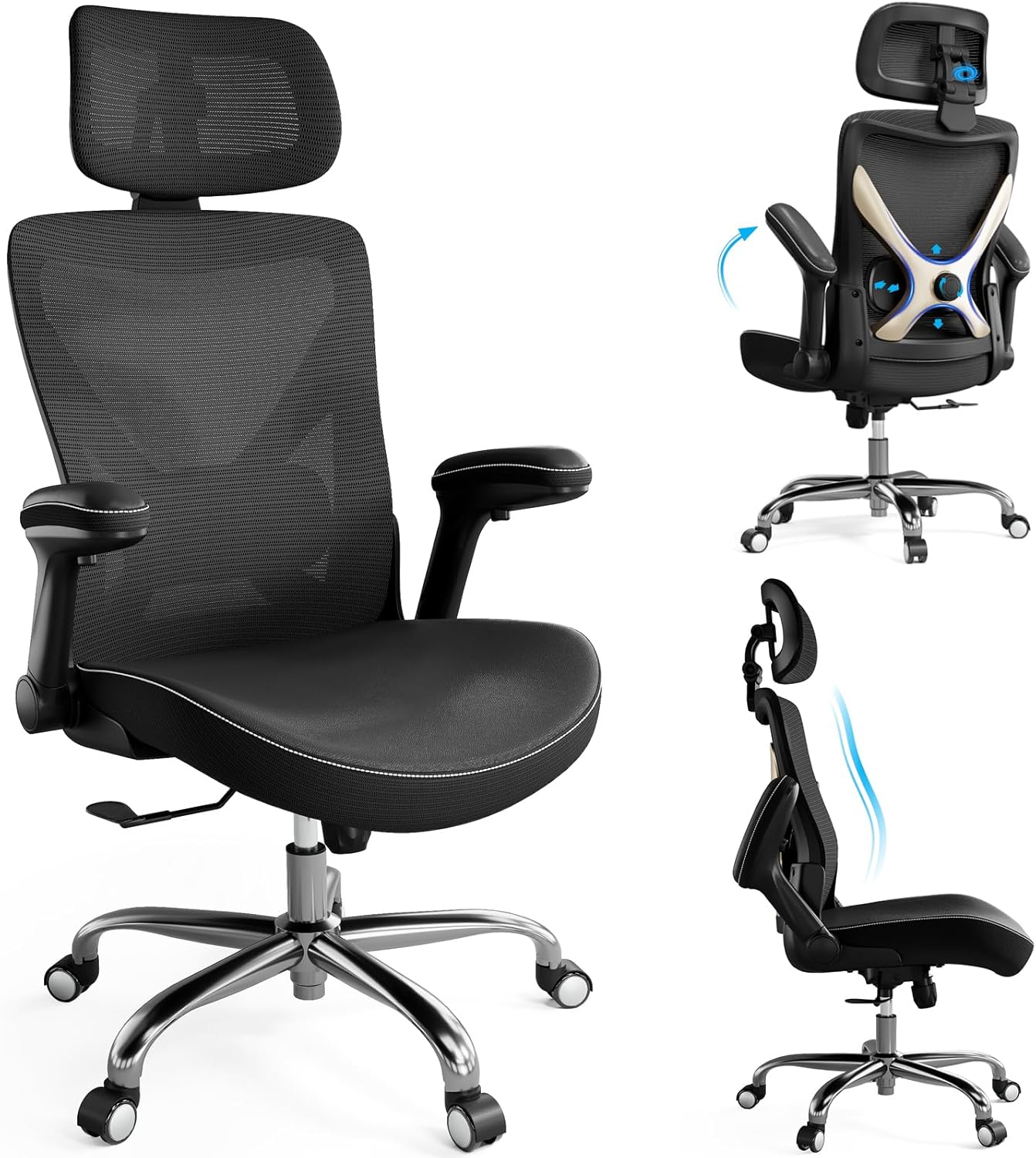 Ergonomic Office Chair-Computer X-Shaped Chair Mesh PU Leather with Adjustable Lumbar Support-Executive Desk Chair High Back with Headrest Flip-Up Arms for Long Hours (Black-Silver)