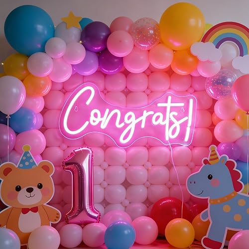 Miniatura 7 de Nordstylee Letrero LED de neón con texto en inglés "Congrats" de color rosa para felicitaciones, ceremonia de graduación, celebración, fiesta,