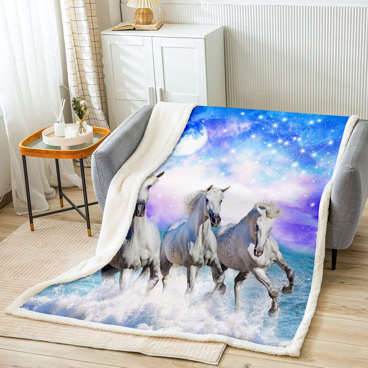 Manta de forro polar para caballos, color blanco galaxia, con caballos, galope, para niños y niñas, 3D, para sofá cama, de ensueño, de 87 x 94 pulgadas