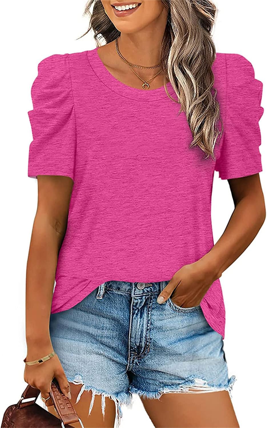 Womens Pleated Short Sleeve Tunic Tops Casual Solid Color Basic Shirts Blouse Loose Trendy Dressy Fitted T Shirts