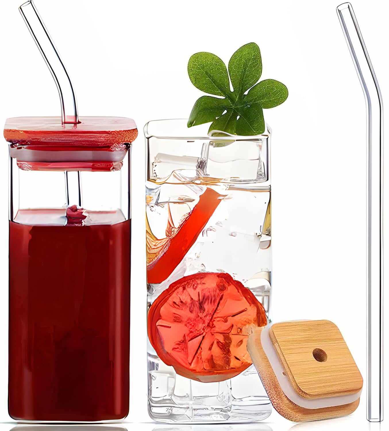KD ZONE Glass Mason jar Mug Sipper with Airtight Wooden Lid & Glass Straw Used for hot & Cold Drinks, 410 ml (Set of 2) 1
