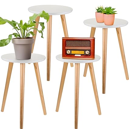 Kigley 4 Pcs Wood Plant Stand 16.5 Inch Tall Modern Plant Table White Wooden Indoor Plant Holder Mid Century Small Side Round Plant Stool with 12 Pcs Nonslip Rubber for Flower Pots Home Outdoor Decor