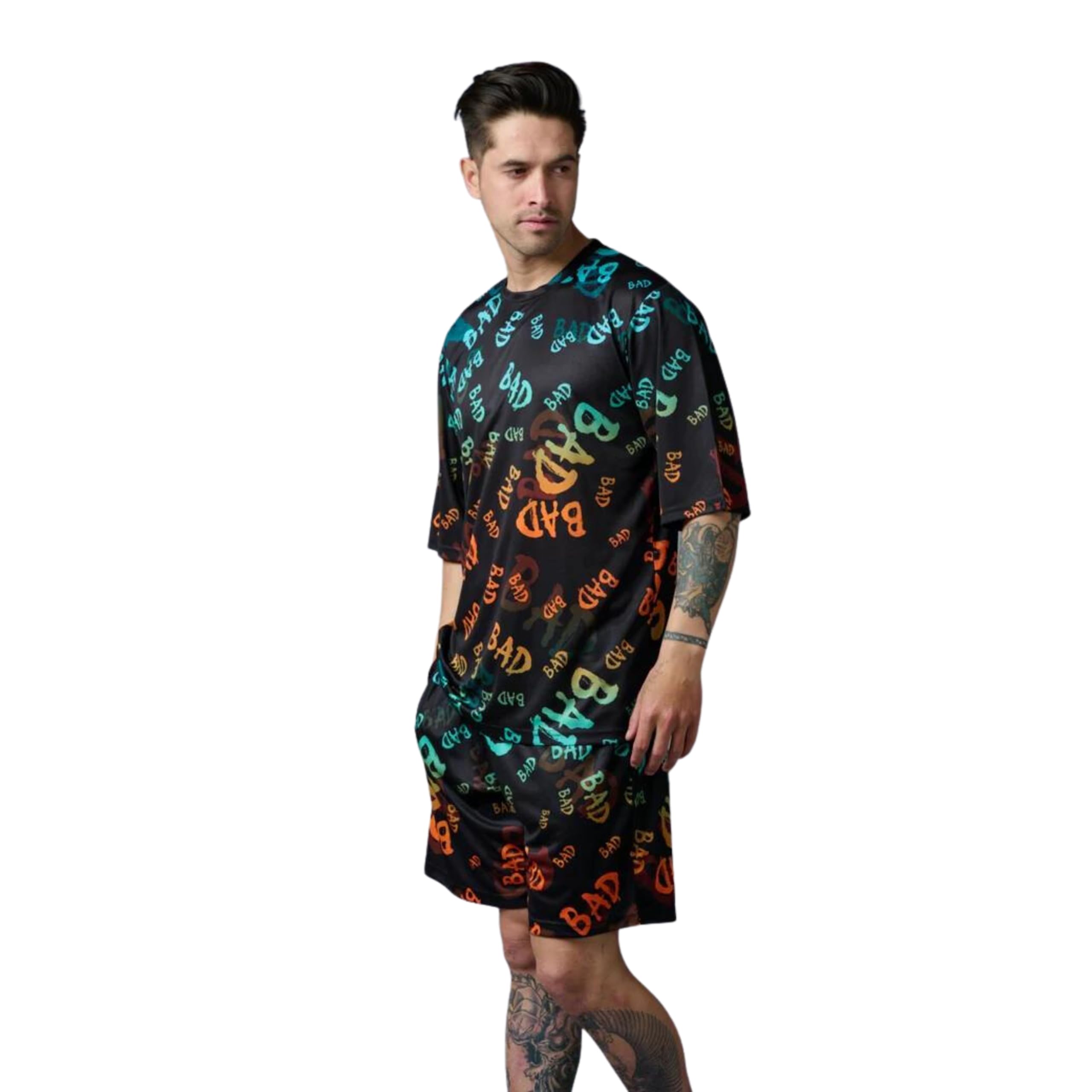 Go DevilLetter Printed Polyester Navy Co-ord Set/Casual Sleepwear for Men Drop Shoulders/Baggy T-Shirts